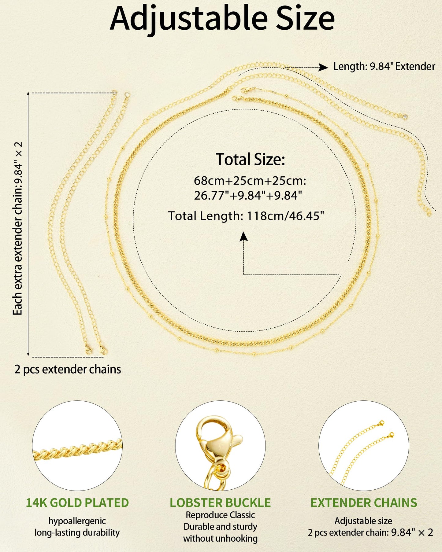 Gold Waist Belly Chains for Women 14K Gold Plated 2Pcs Layered Cuban Beads Body Chain Jewelry for Beach Accessories Adjustable 26.77-52.36Inch