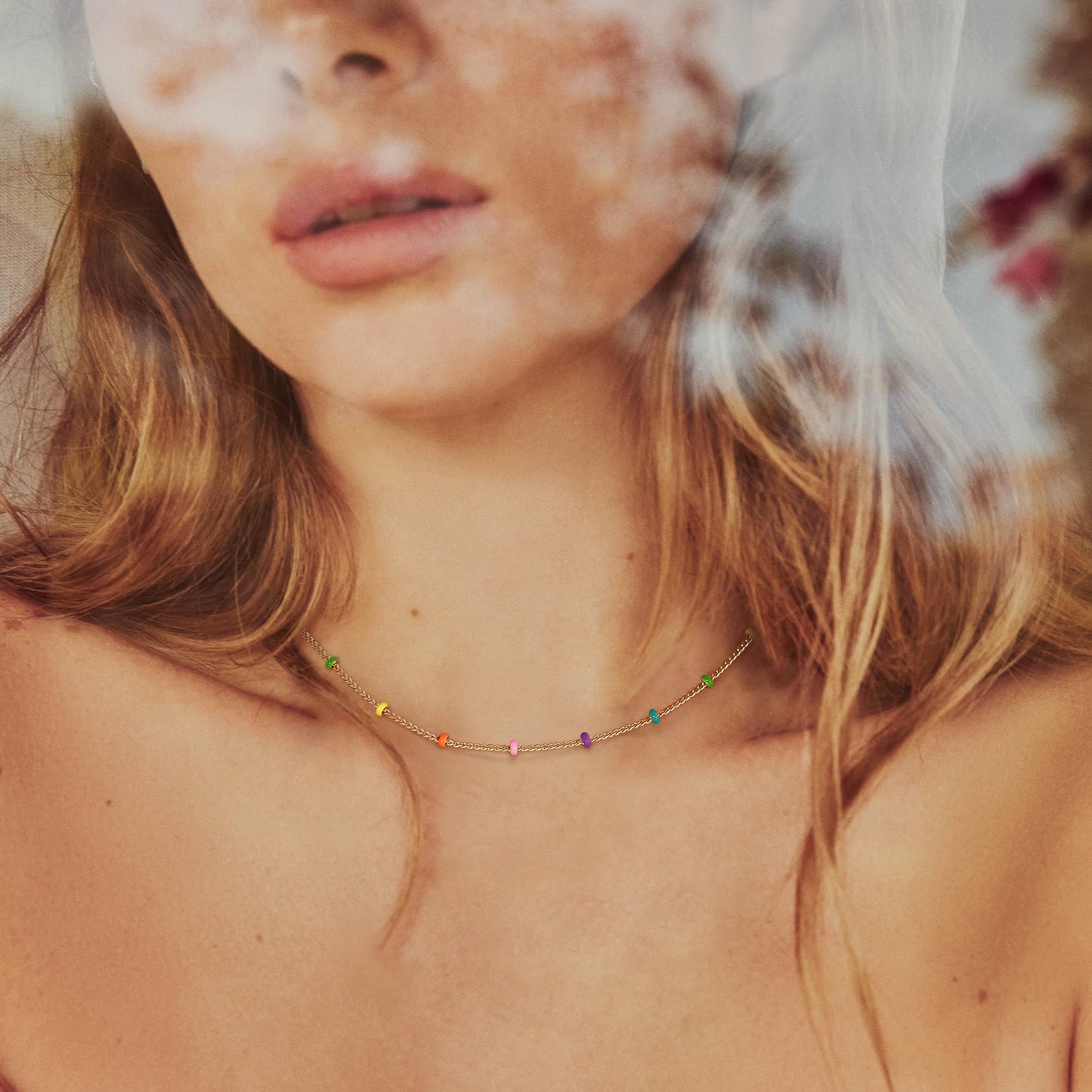 MTMY Beaded Necklaces for Women 14K Gold Plated Dainty Colorful Green/Rose Beaded Pearl Choker Necklace Delicate Boho Choker Necklace Jewelry Gift (Layer-colorful beads)