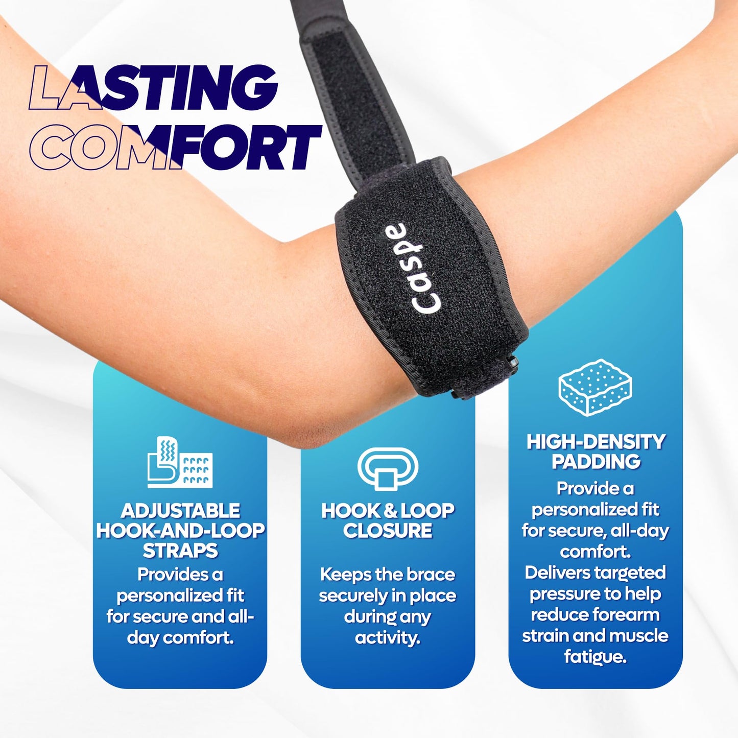 Caspe 2 Pack Tennis Elbow Brace for Men and Women – Adjustable Arm Brace for Tendonitis, Golfer’s Elbow and Bursitis – Arm Band & Counterforce Forearm Support, Daily Use Pain Relief – Blue