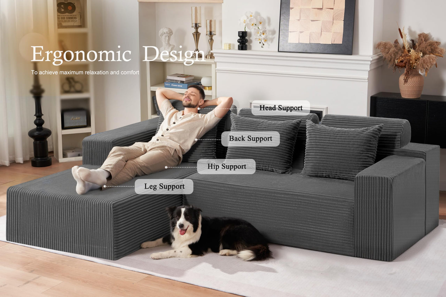 HABUTWAY Sectional Couches for Living Room,No Assembly L Shaped Couch 105" Modular Sectional Sofa Couch with Deep Seat,Cloud Couches Furniture Sets for Apartment,Corduroy (Dark Grey, Left Facing)