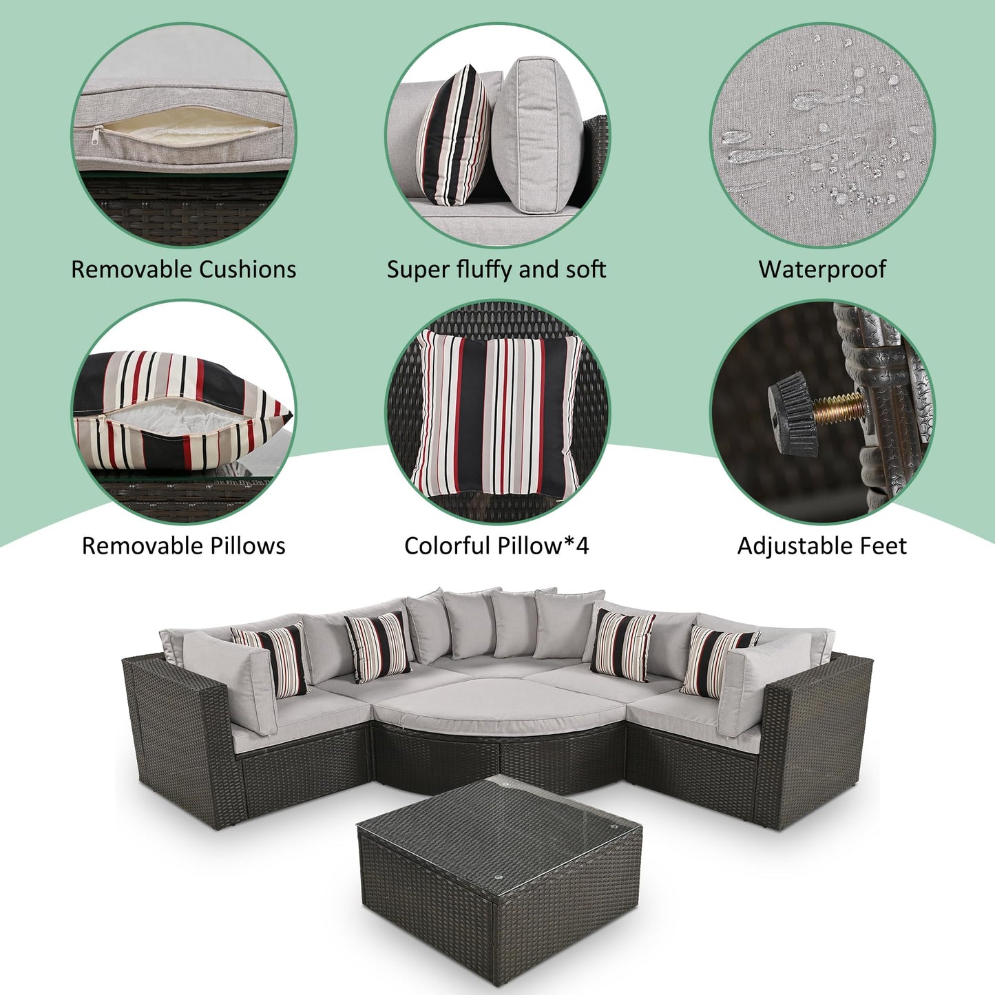 Merax 7 Pieces Outdoor Patio Furniture, 6 Seat Wicker Sectional Lounger Sofa Chair Set with Table, All Weather Rattan Conversation Sleeper Couch Bed Sets for Garden Poolside, Cushions & Pillows, Beige