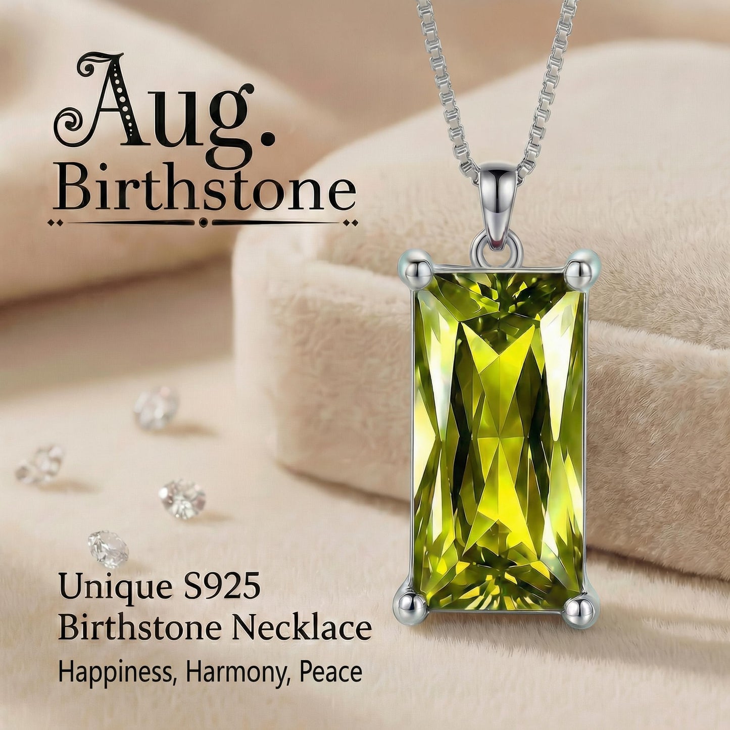Kuschelkatze 8mm x 16mm Square August Birthstone Peridot Pendant Necklace – Fashion charming Sterling Silver Gift for women