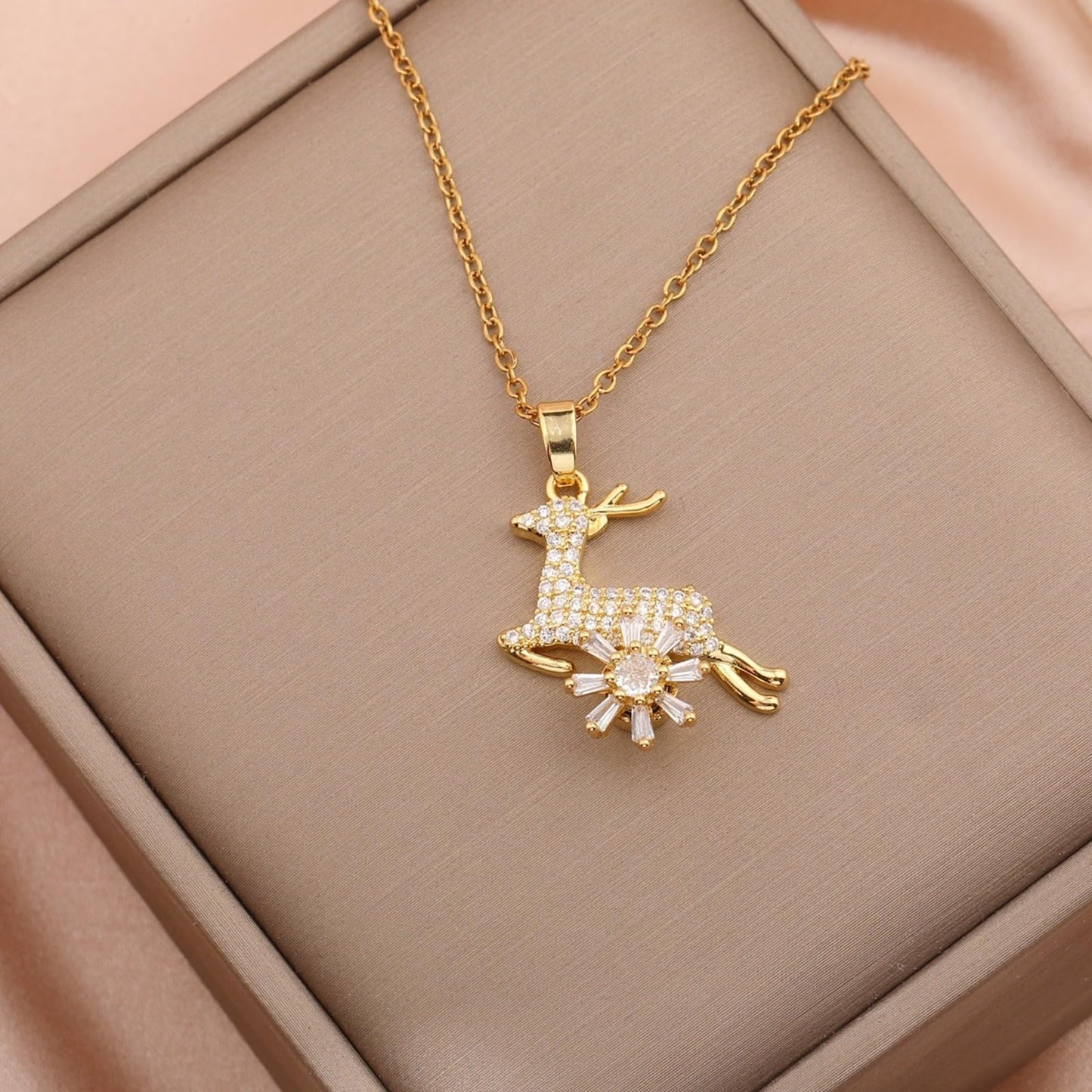 KONPJE Sunflower Fidget Necklace for Women Gold Moon Necklace Rotating Heart Necklaces Spinning Crystal Flower Anxiety Necklaces Crescent Moons Jewelry Accessories (Gold Deer)