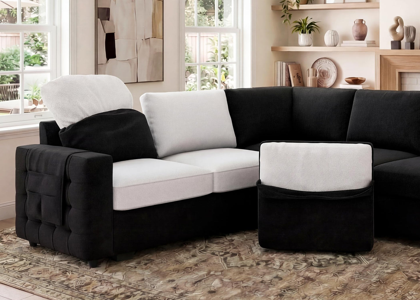 HONBAY Sectional Sleeper Sofa with Pull-Out Bed Storage Chaise, 6 Seater Couch for Living Room, Black