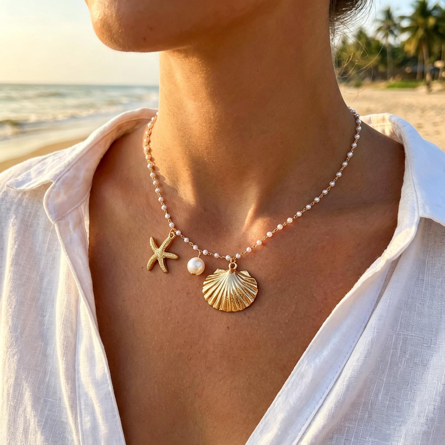 Shell Starfish Necklace for Women Gold Plated Pendant Pearl Necklace Boho Beaded Dainty Adjustable Necklaces Shell Conch Summer Beach Cuff Jewelry Accessories