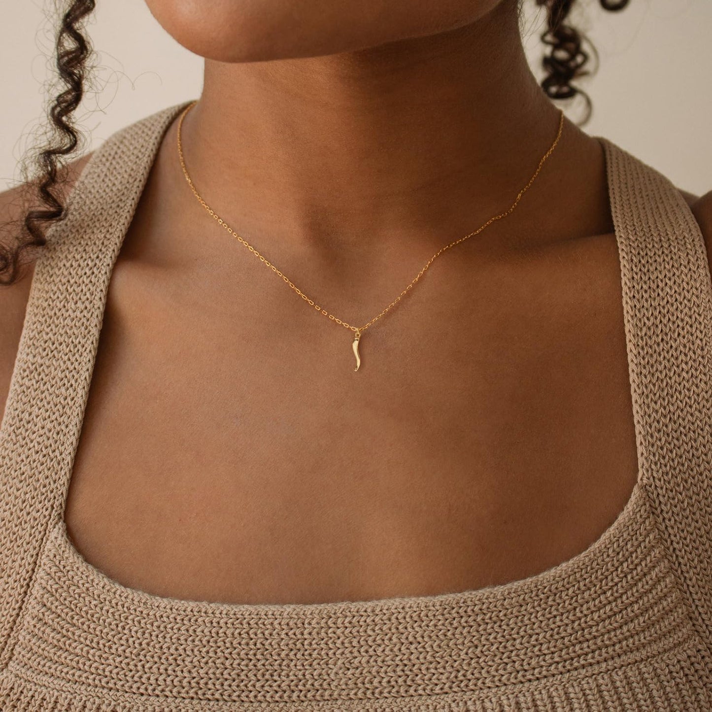 BSGRL Gold Necklace for Women-14K Gold Plated Chilli Italian Horn Dainty Gold Necklace 16.5”+2” ext
