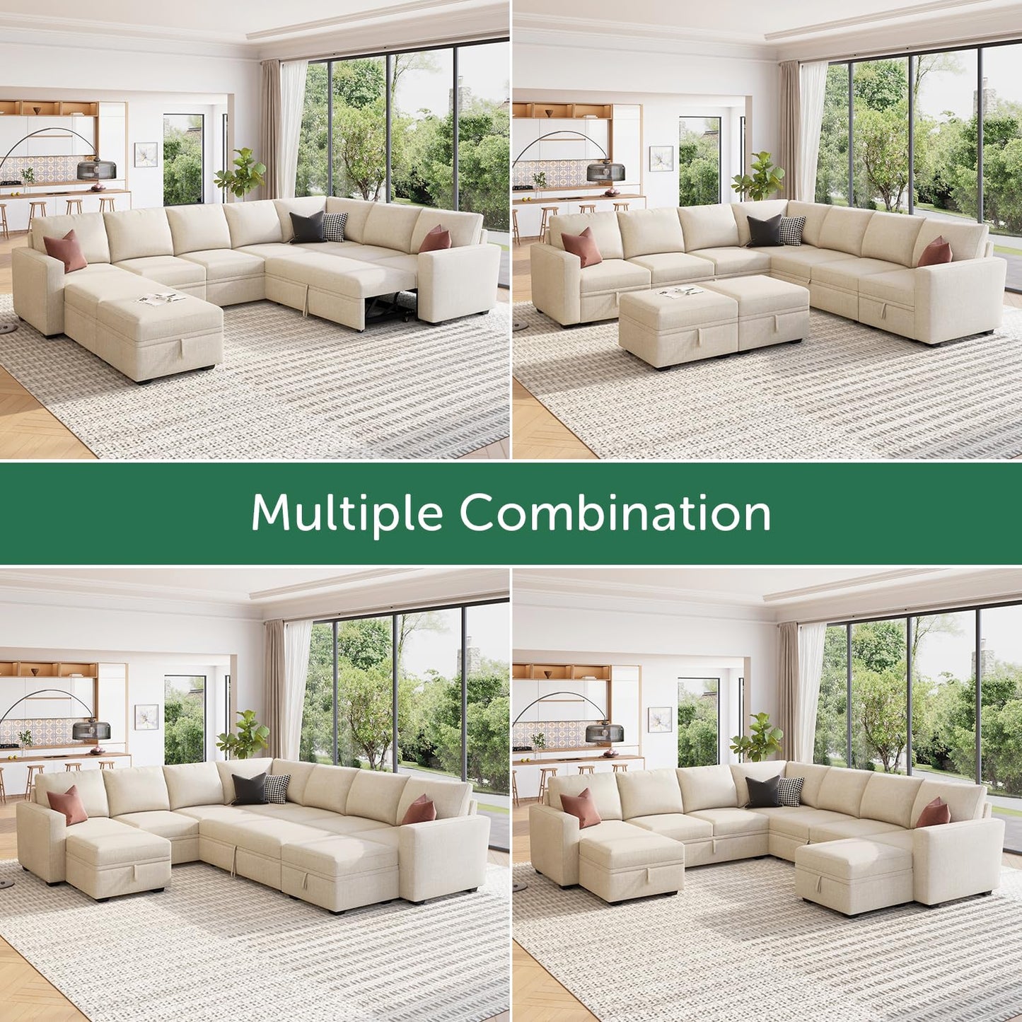 HONBAY Modular Sectional Sleeper Sofa with Pull Out Couch, Oversized U Shaped Sleeper Pull Out Bed with Storage Sectional Couches for Living Room - Beige