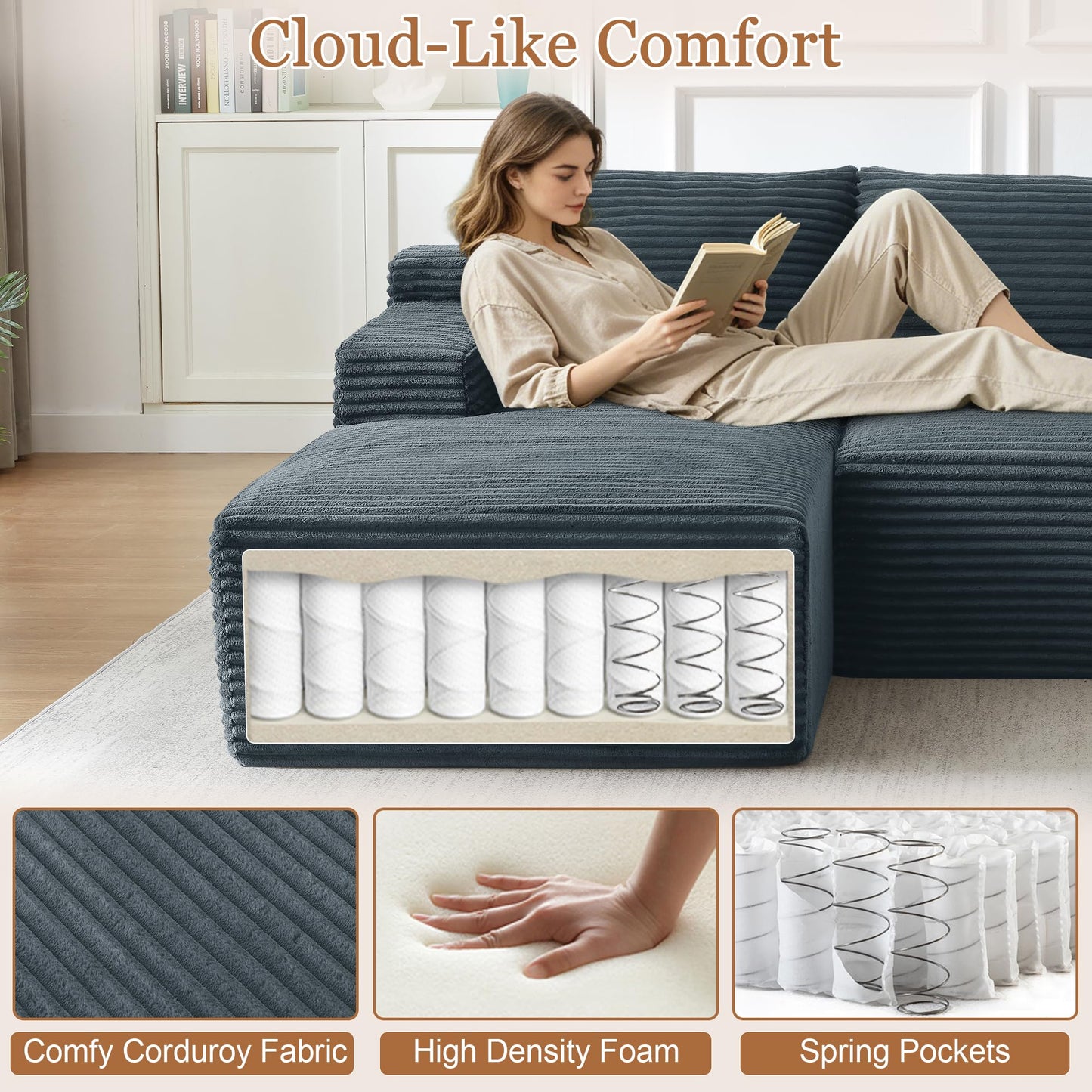 96" L Shaped Cloud Sectional Couch with Chaise, Deep Seat Modular Sectional Sofa Corduroy Memory Foam Sofa Boneless Couches for Living Room Bedroom, No Assembly Required
