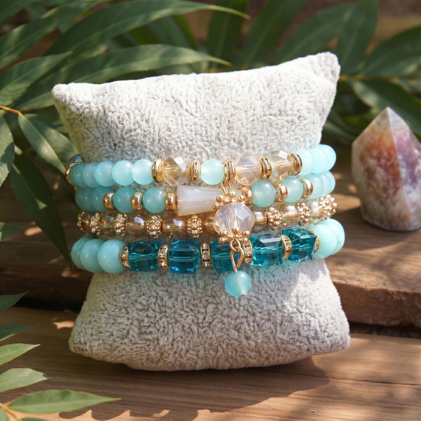 Tungary 4Pcs Beaded Bracelets for Women Bohemian Bracelet Stacks Handmade Natural Stone Stretch Bracelets Multi-Color Daily Wear Accessories Summer Beach Boho Jewelry Gift Light-blue Bracelet Set