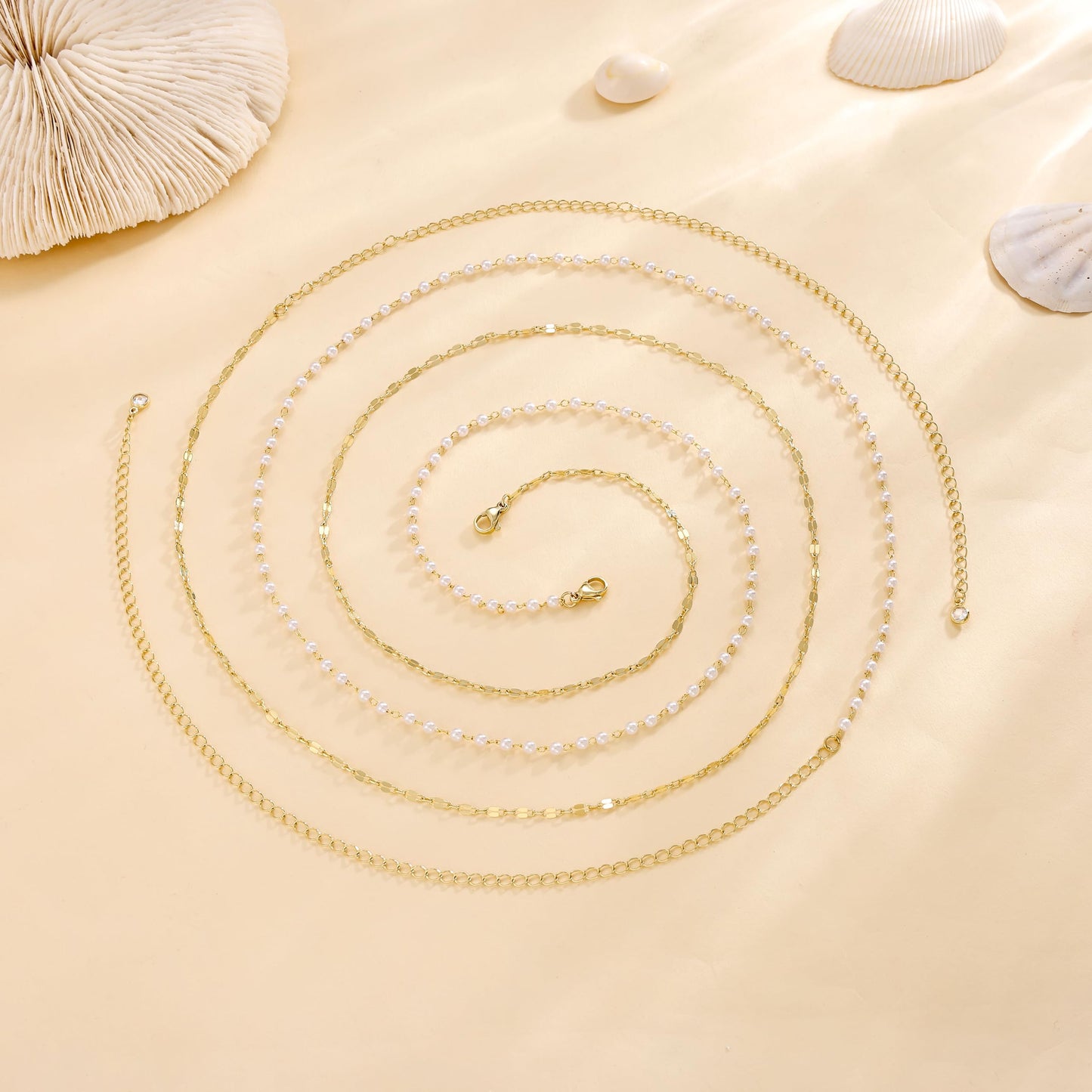 Risamil Waist Beads for Women, 14k Gold Plated Pearl Waist Chain Cute Body Chain Gold Chain Belt for Womens Belly Chain Fashion Beach Accessories for Womens Pearl Gold Jewelry for Women Gifts