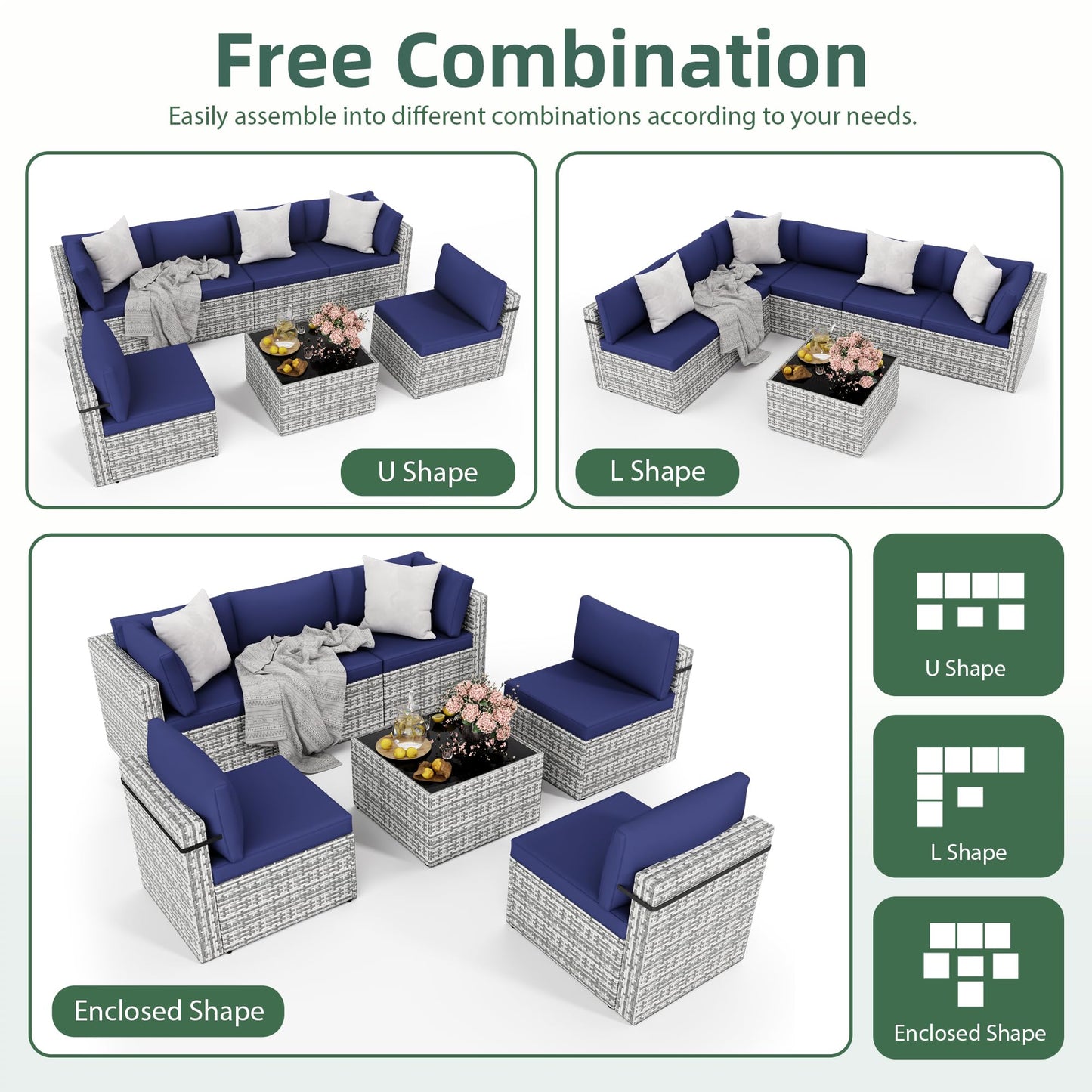 PATIOPIA 7-Piece Outdoor Sectional Sofa Set, Weather-Resistant Patio Furniture Set with Washable Cushions and Coffee Table, Grey Rattan Patio Conversation Set for Poolside, Backyard, Deck (Navy Blue)