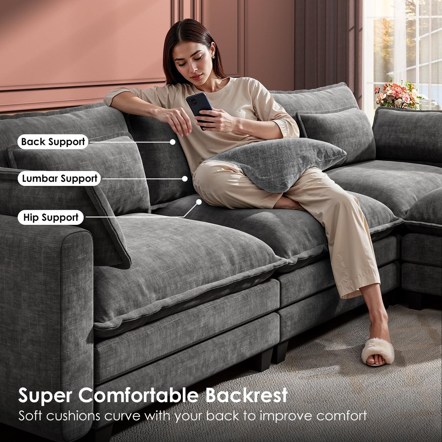 Marsail Modular Sectional Sofa 110.6" U-Shaped Modern Comfy Cloud Couch, 5-Seat Chenille Deep Seat Sofa with Throw Pillow & Movable Ottoman for Living Room, Bedroom and Apartment, Grey