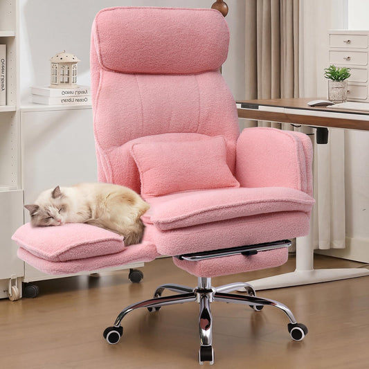 EGSEAT Big and Tall Office Chair with Flip Armrests, Cross Legged Office Chair with Storage Pockets, Comfortable Reclining Computer Chair with Foot Rest, Wide Home Desk Chair, Teddy Fleece, Pink