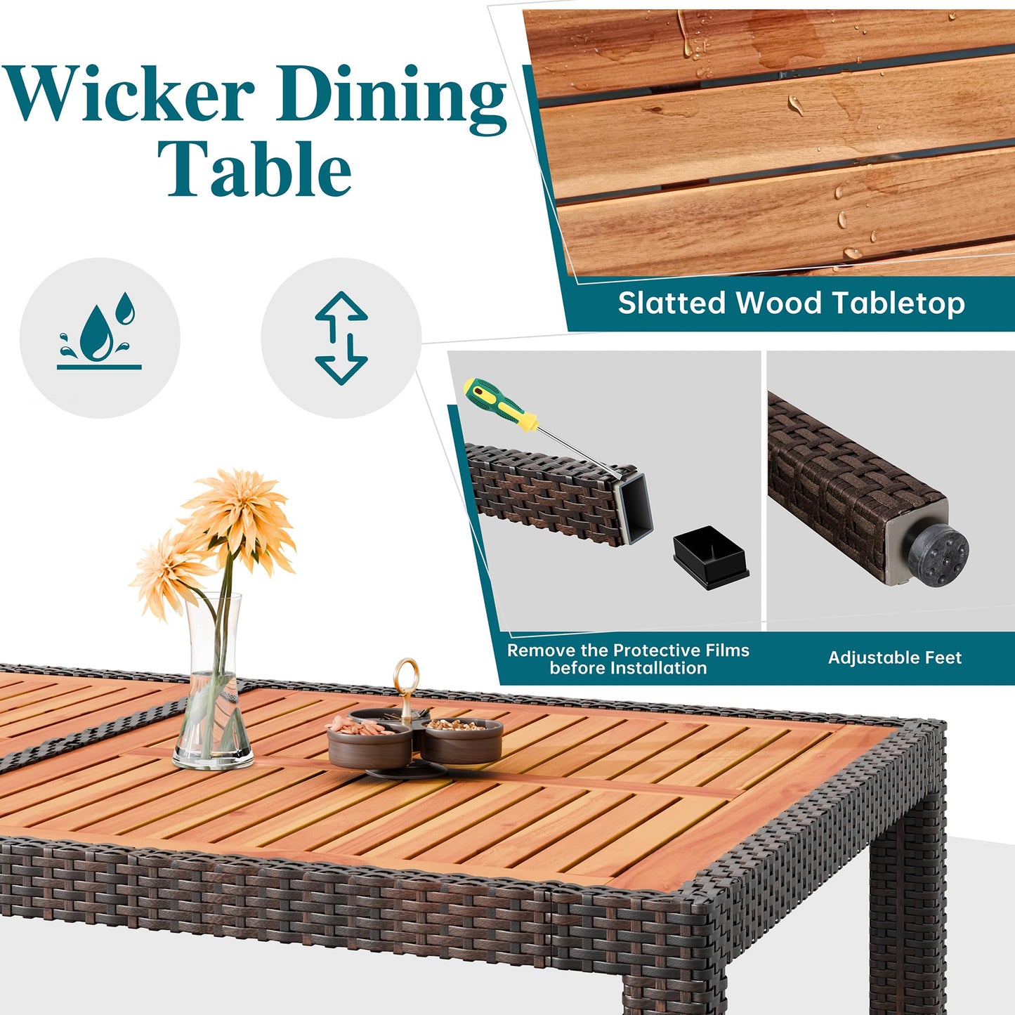Shintenchi 7 Piece Patio Dining Set, Wicker Patio Conversation Set with Wooden Table Top, Outdoor Table and Chairs with Soft Cushions for Backyard, Deck and Garden, Brown Rattan