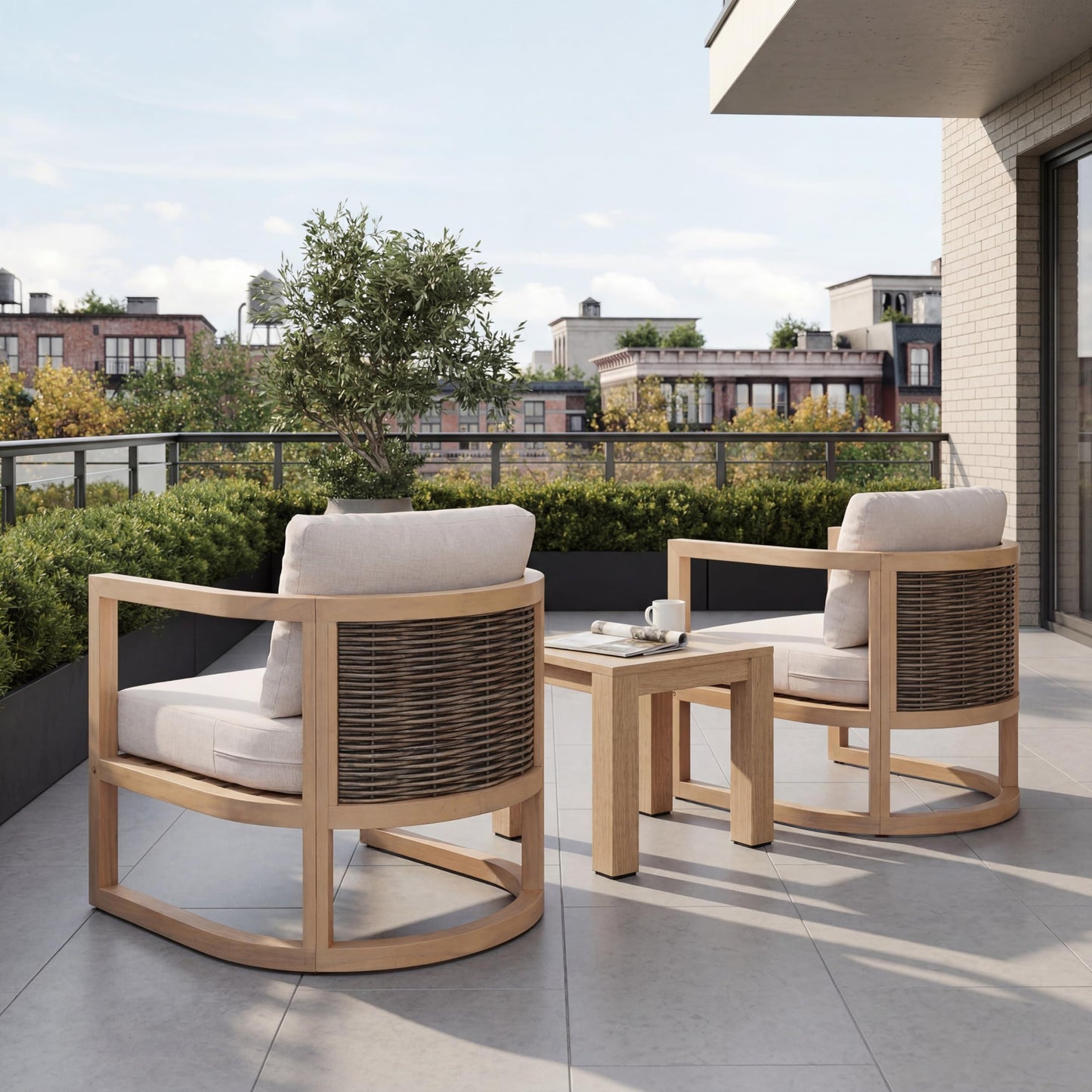 Merax Outdoor Acacia Wood Club Armchair wtih Coushions Set of 2, Patio Sofa Chair with Rattan-Woven Back, Sturdy Base for Porch, Lawn, Backyard, Balcony, Light Teak