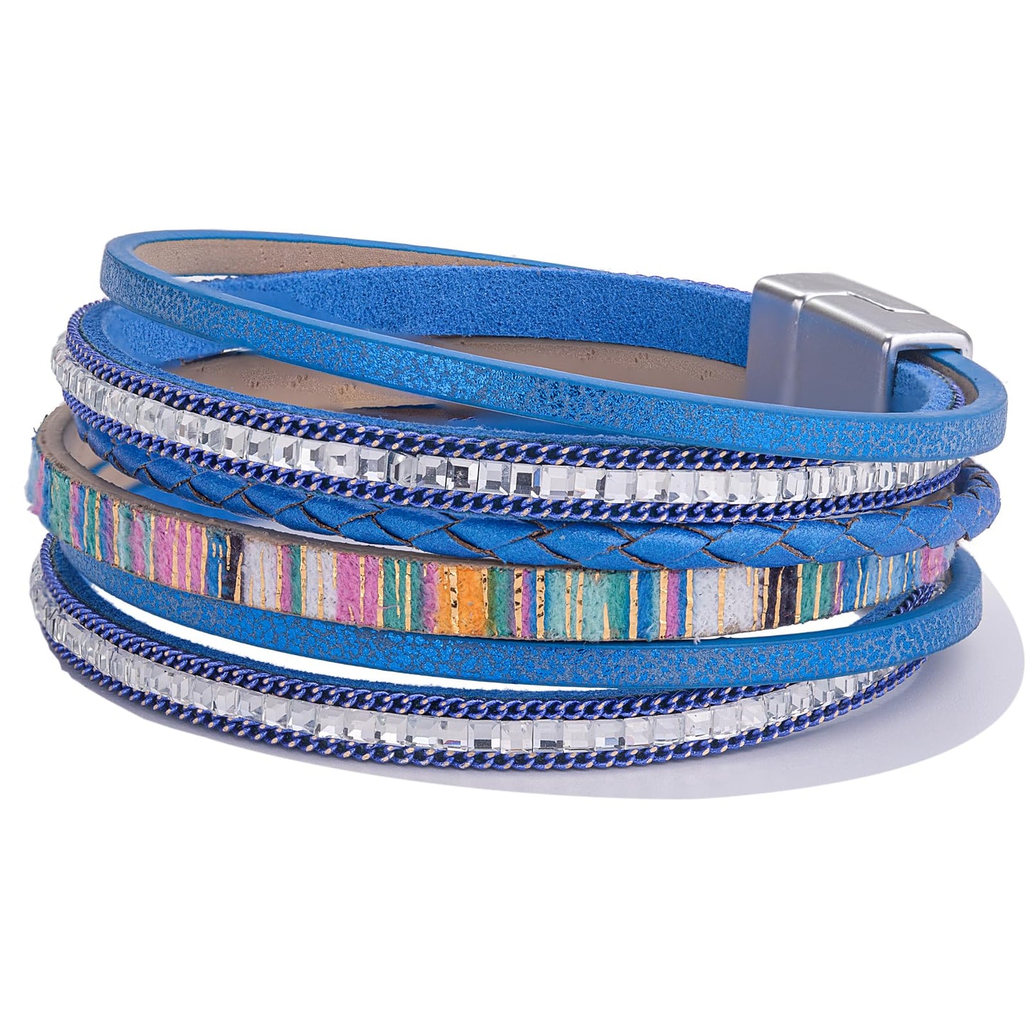 FANCY SHINY Boho Leather Wrap Bracelets Trendy Layered Bracelets with Magnetic Clasp Strackable Bohemian Cuff Jewelry Gifts for Women(Royal Blue)