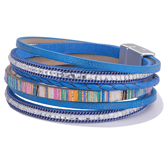 FANCY SHINY Boho Leather Wrap Bracelets Trendy Layered Bracelets with Magnetic Clasp Strackable Bohemian Cuff Jewelry Gifts for Women(Royal Blue)