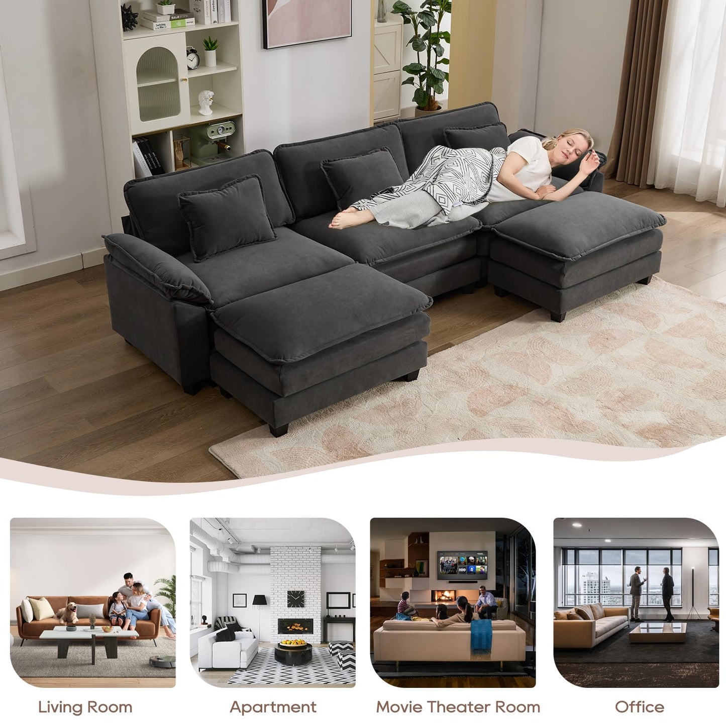 IPKIG 117" Modular Sectional Sofa, Velvet U-Shaped Sectional Couch Comfy Upholstered 3-Seat Sofa with 2 Ottoman, 3 Lumbar Pillow, Deep Seat Cloud Couch Sofa for Living Room, Dark Grey