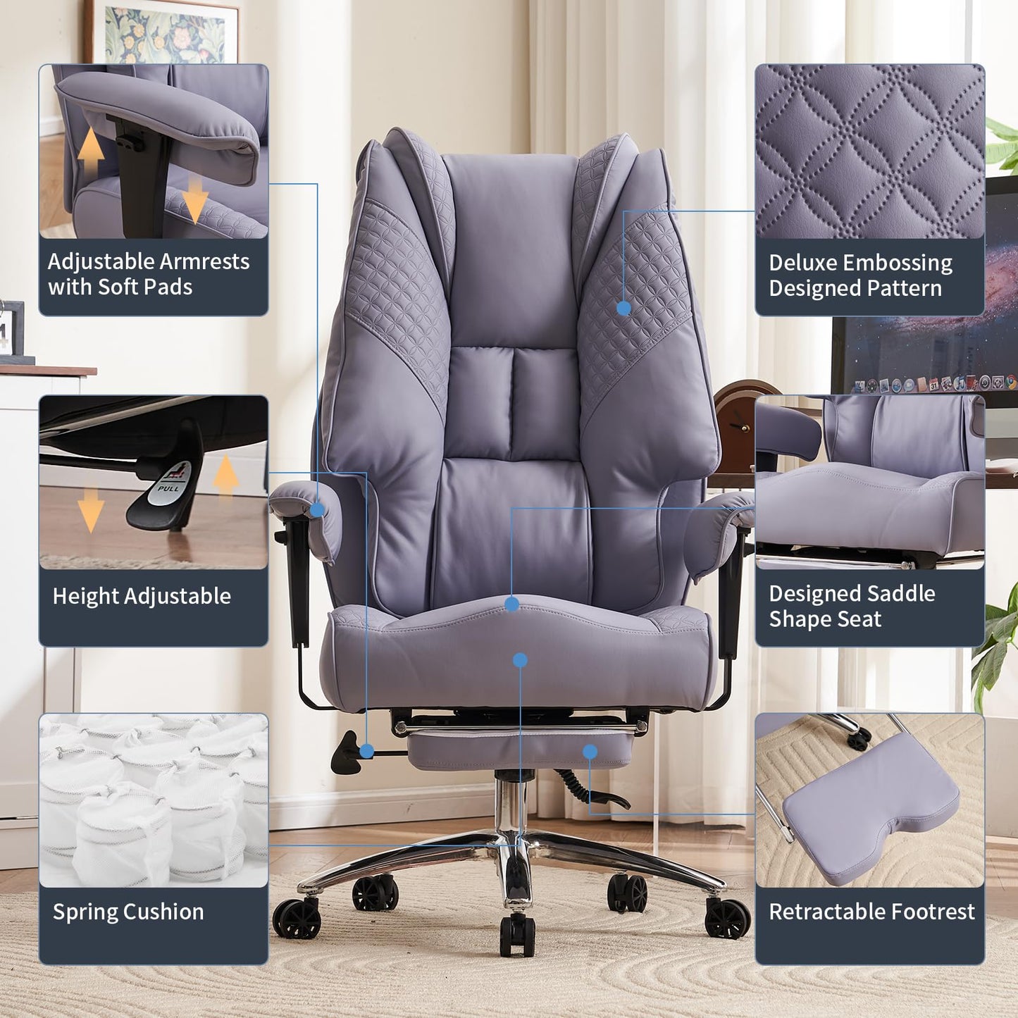 EXCEBET Big and Tall Office Chair 400lbs Wide Seat, Leather High Back Executive Office Chair with Foot Rest, Ergonomic Chairs Lumbar Support for Lower Back Pain Relief (Light Purple)