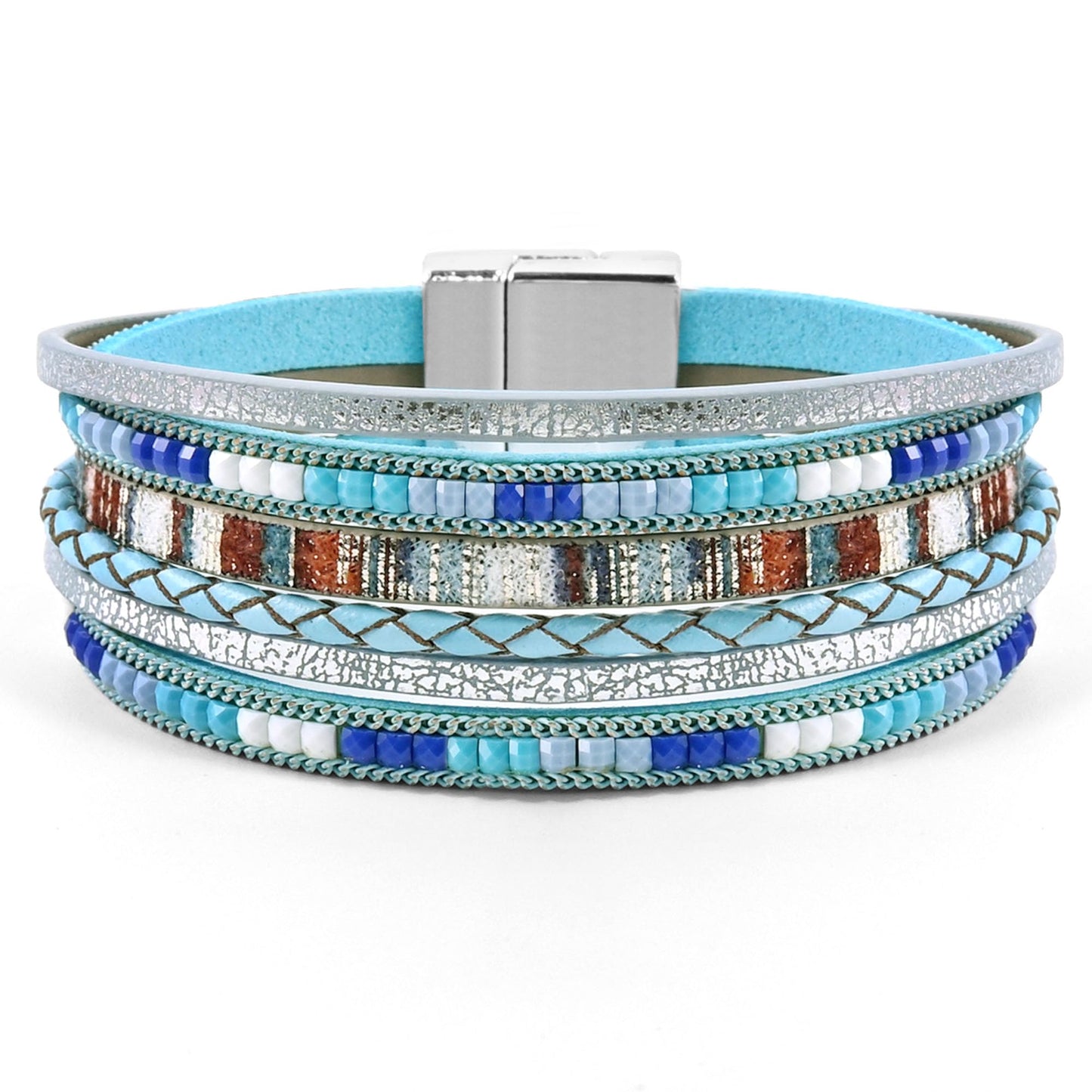 VIBILIA Boho Leather Wrap Bracelets for Women Trendy Layered Multi-Layer Bracelets with Strong Clasp Jewelry for Women-Blue