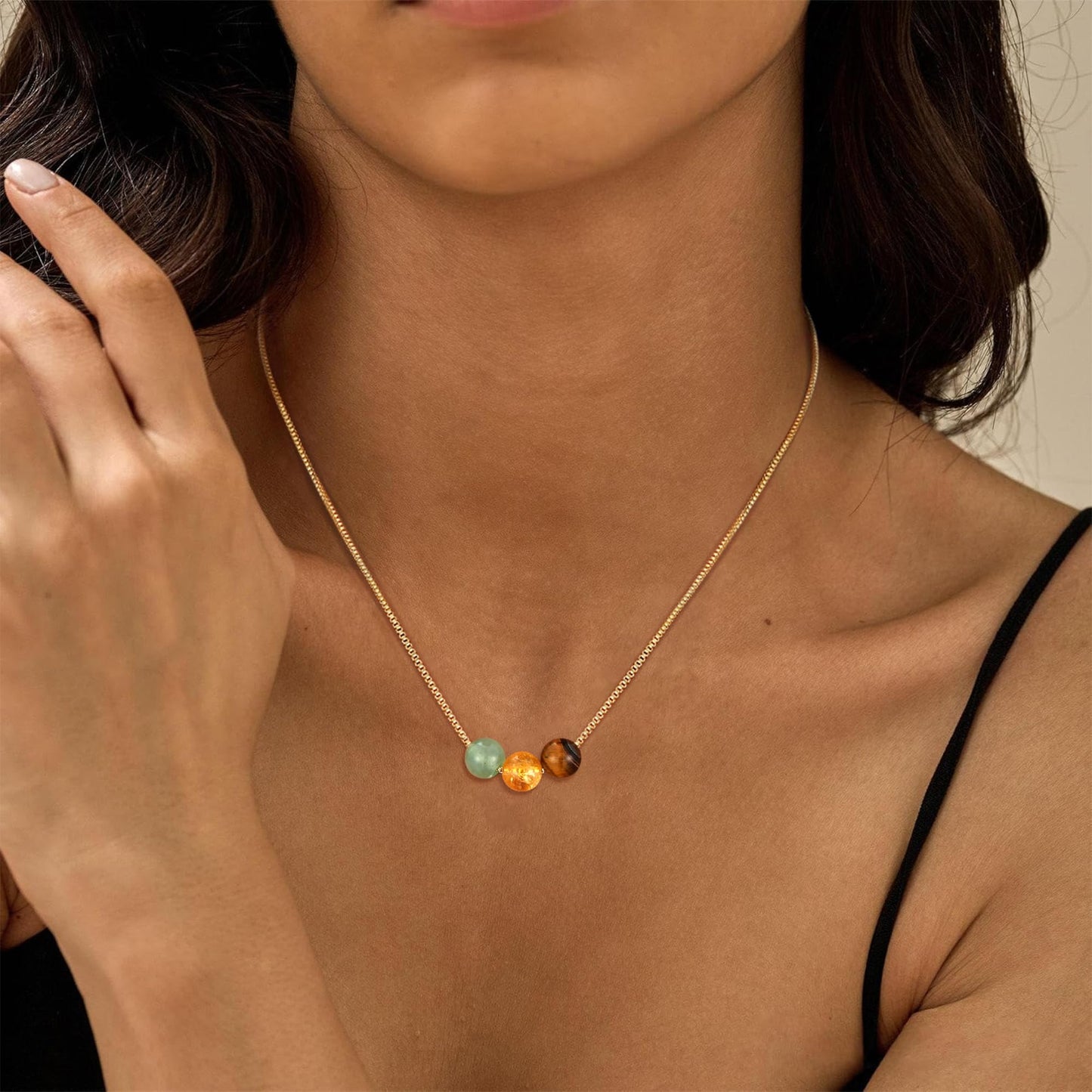 Suarlly Healing Crystal Necklace for Women 14k Plated Gold Beaded Necklace Tiger Eyes Relief Triple Protection Good Luck Gifts for Friends Sister Mom Daughter Jewelry