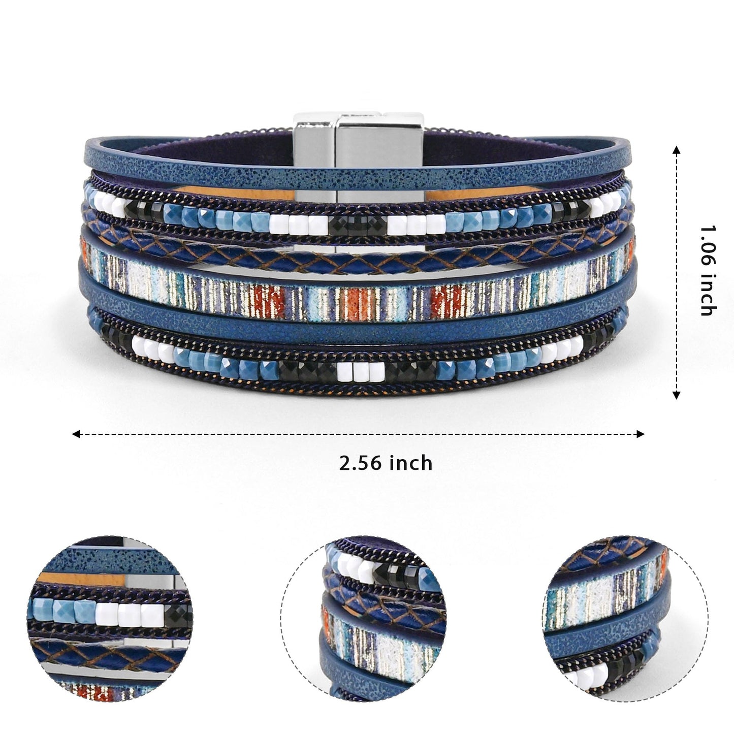 VIBILIA Boho Leather Wrap Bracelets for Women Trendy Layered Multi-Layer Bracelets with Strong Clasp Jewelry for Women-RoyalBlue