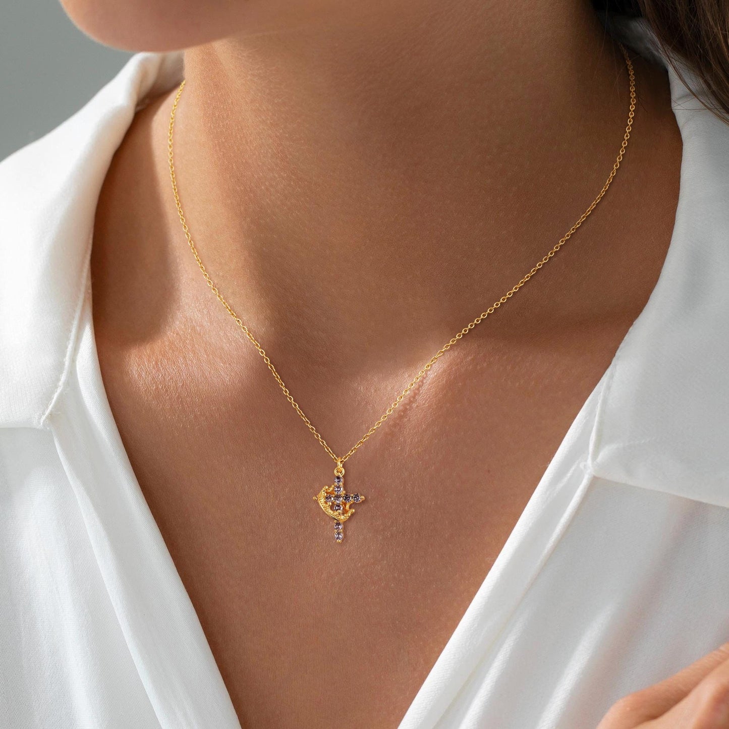 Robaice Birthstone Crown Cross Necklace for Women, Gold-Plated Christian Faith Necklace, Cross Jewelry Gift for Women, June Purple Alexandrite Gift