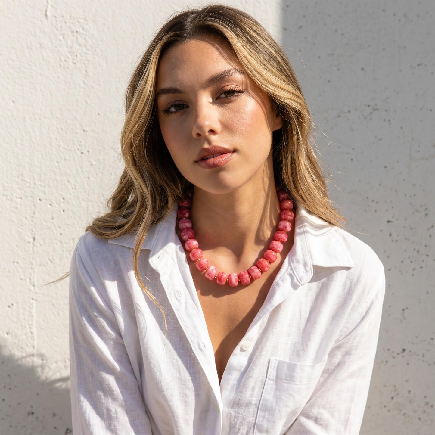 Badu Rose Pink Chunky Beaded Necklace for Women Boho Bead Choker Necklace Summer Fashion Trendy Jewelry Gift