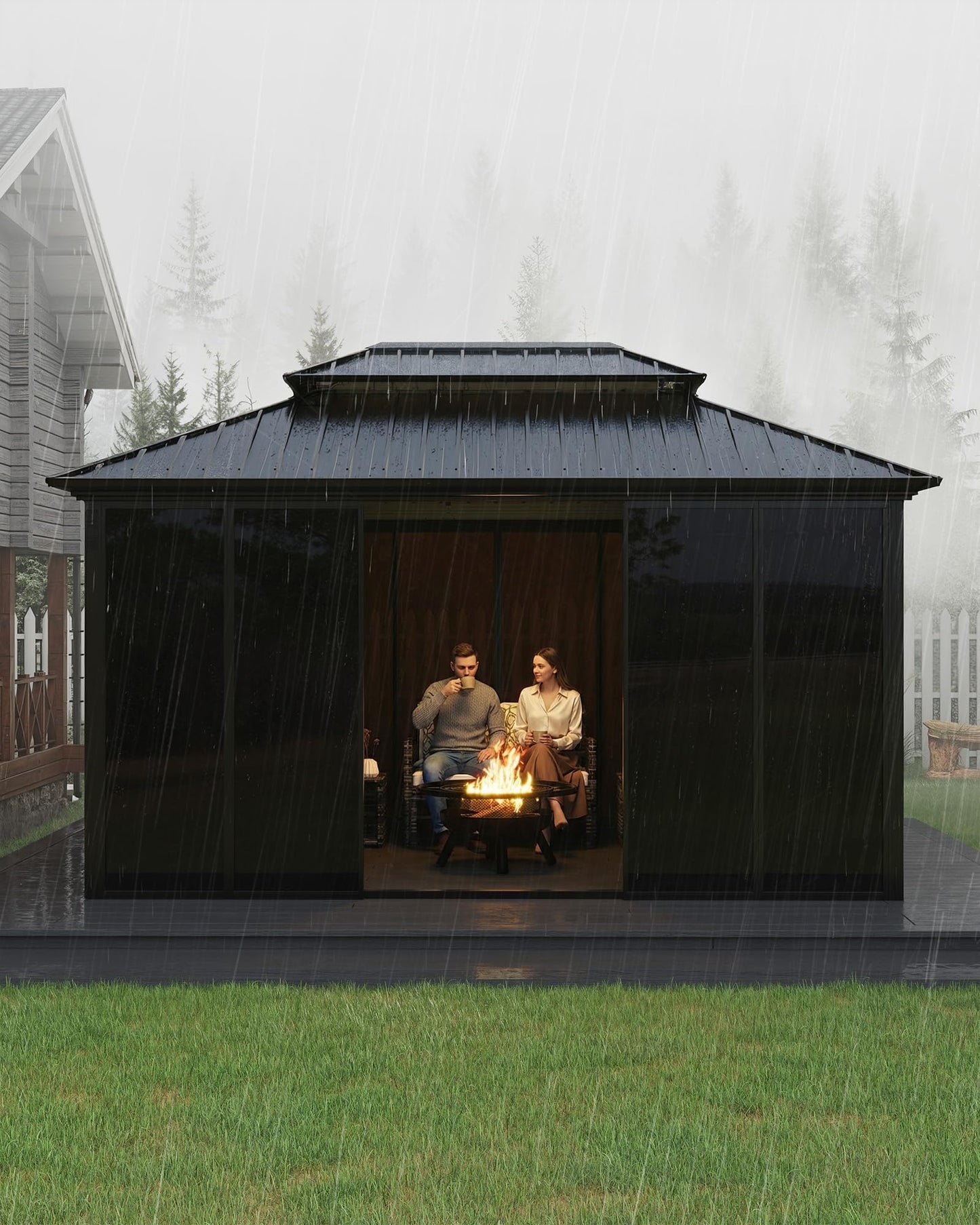 10x14ft Heavy Duty Outdoor Pavilion with Metal Frame, Permanent Solarium Sunroom Kit with PC Windows, Fully Sealed Screen Houses for Backyard, for Patio Winter Garden