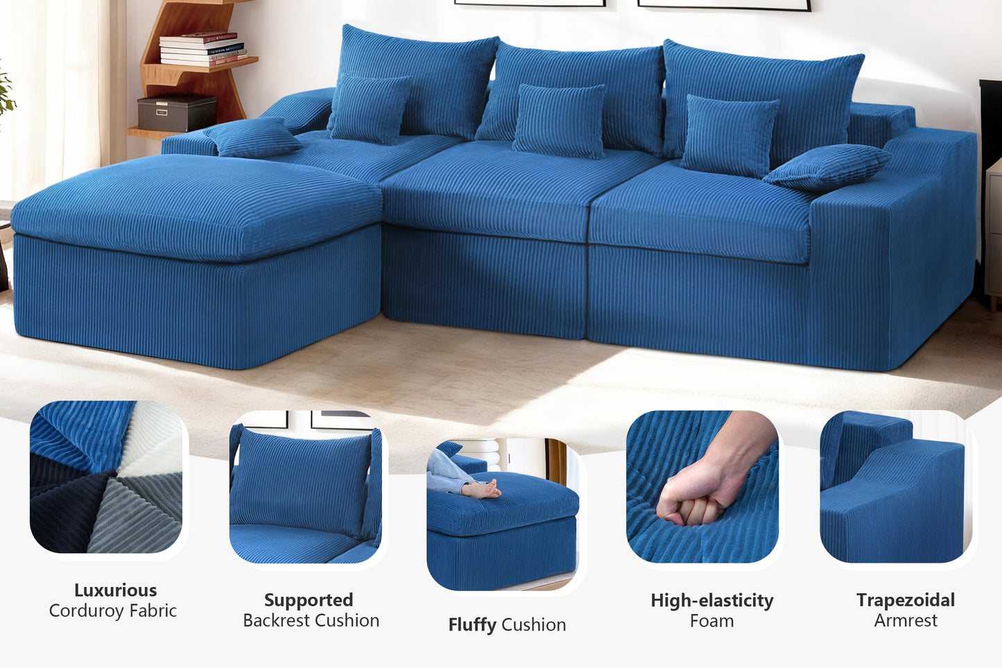 HABUTWAY 104" L Shaped Cloud Sectional Couch, Boneless Modular Sectional Sofa with Deep Seat, Corduroy Couches for Living Room, Modular Couch, No Assembly Required (Blue)