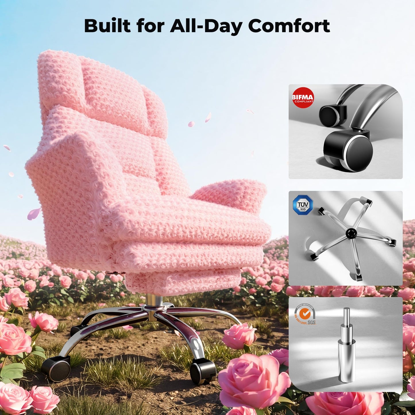 HOMRELEXA Big and Tall Office Chair, Flip Armrests for Pets & Cross Legged Sitting, Executive Ergonomic Computer Gaming Chair with Foot Rest, Rose Velvet Pink Wide Seat Reclining Desk Chair