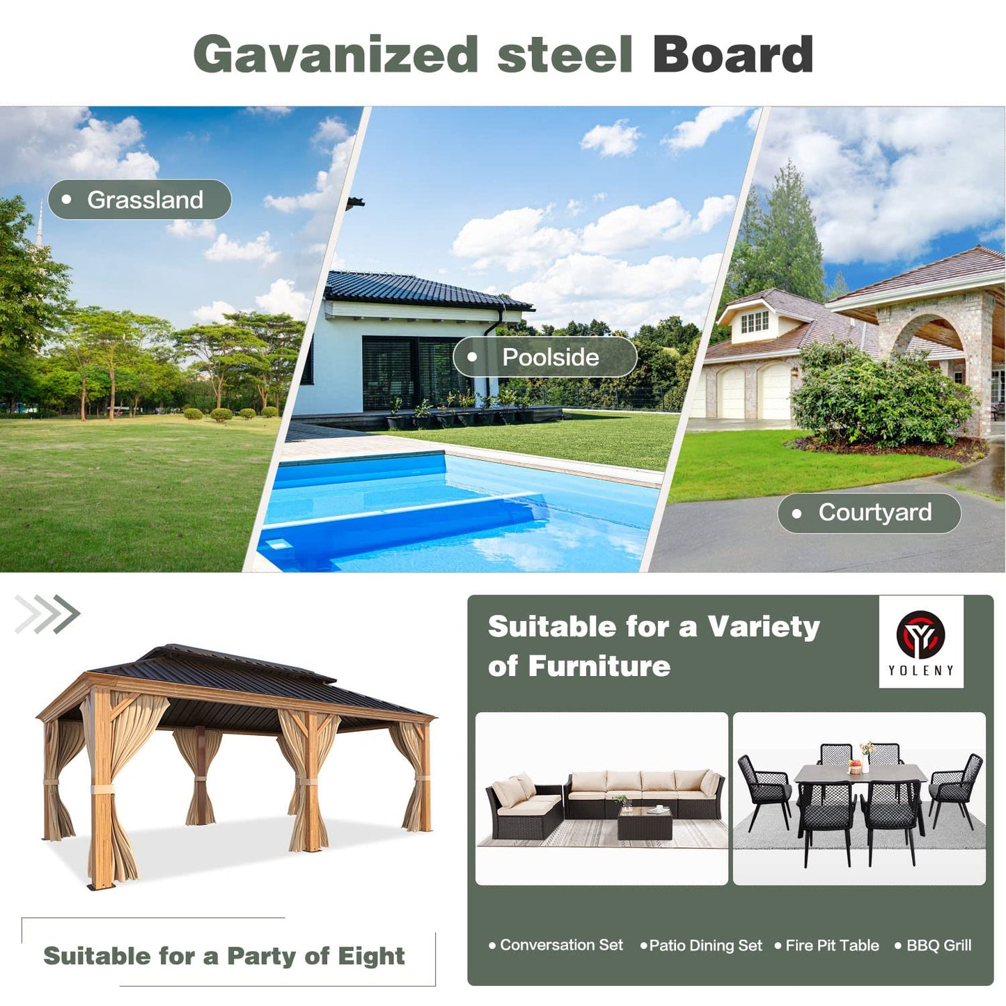 YOLENY 12'x20' Gazebo, Galvanized Steel Double Roof with Wood Grain Aluminum Frame, Outdoor Permanent Metal Pavilion with Curtains and Nettings for Patio, Backyard and Deck