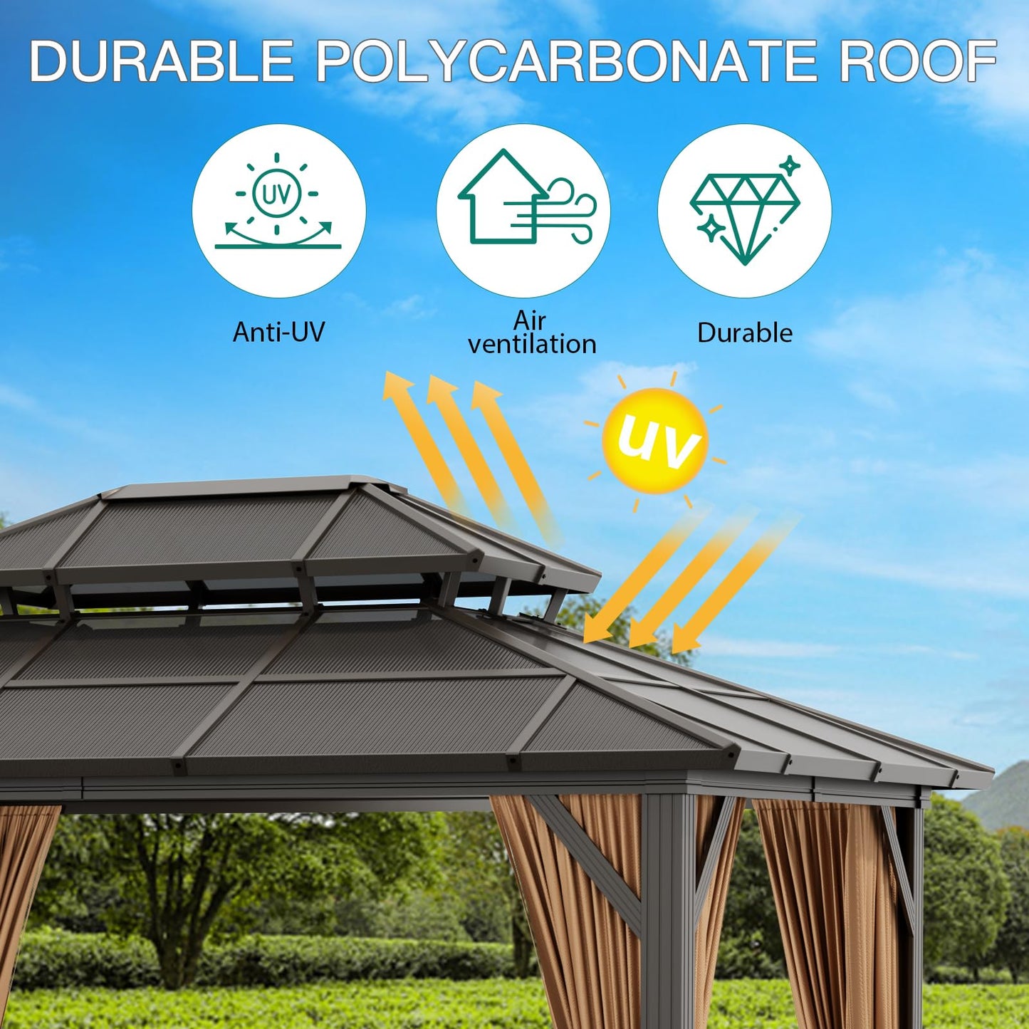 10x12 ft Permanent Aluminum Gazebo with Double-Layer PC Roof, Sturdy Metal Pavilion Canopy, All-Weather Outdoor Sunshade Structure with Retractable Curtains for Patio, Backyard, Garden, Deck