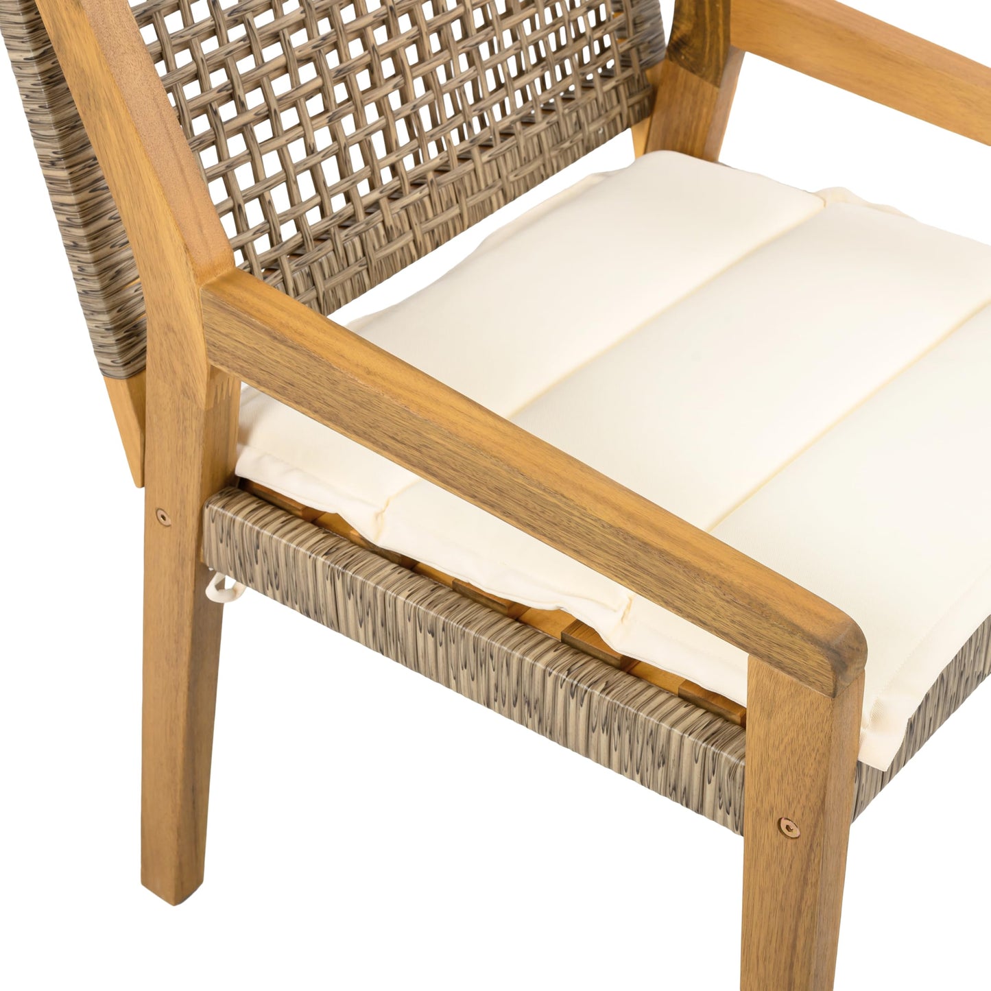 Christopher Knight Home Verle Wooden Patio Dining Set for 4, Acacia Wood Outdoor Dining Table Set for 4, 5 Piece Outdoor Dining Set with Round Table and Armchair with Seat Cushion, Teak+Beige