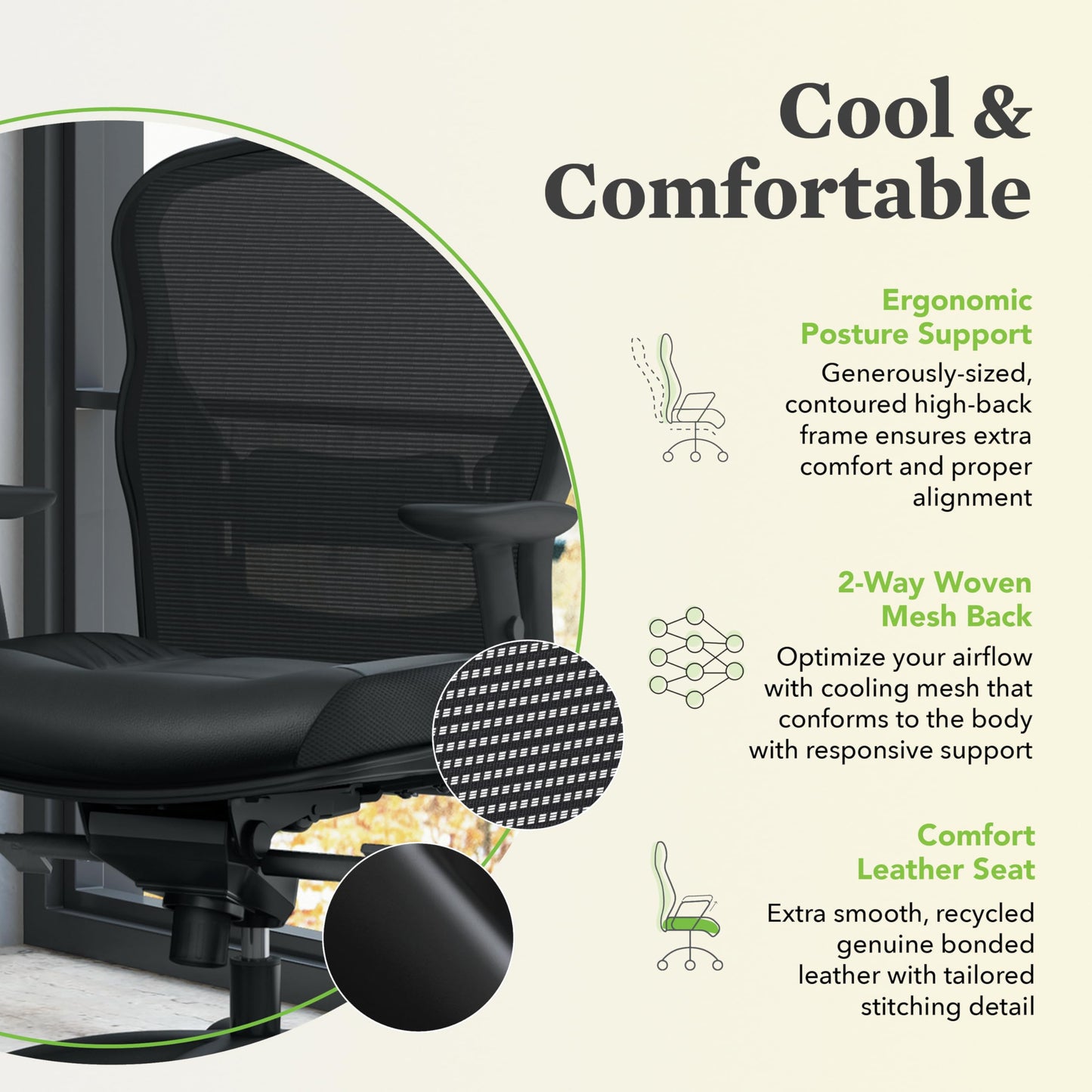 HON Wave High Back Ergonomic Office Chair with Leather Seat and Breathable Mesh Back, Adjustable Arms, Synchro‑Tilt Recline and Swivel Wheels for Desk and Computer Use, Black
