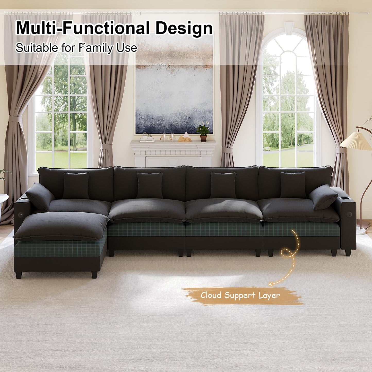 KCGKCG 152" Modular Sectional Sofa, L Shaped Cloud Couch with Movable Ottoman, Chenille Deep Seat Cloud Sofa with Charging Station, Cup Holder, Side Pocket, Sectional Couches for Living Room, Black