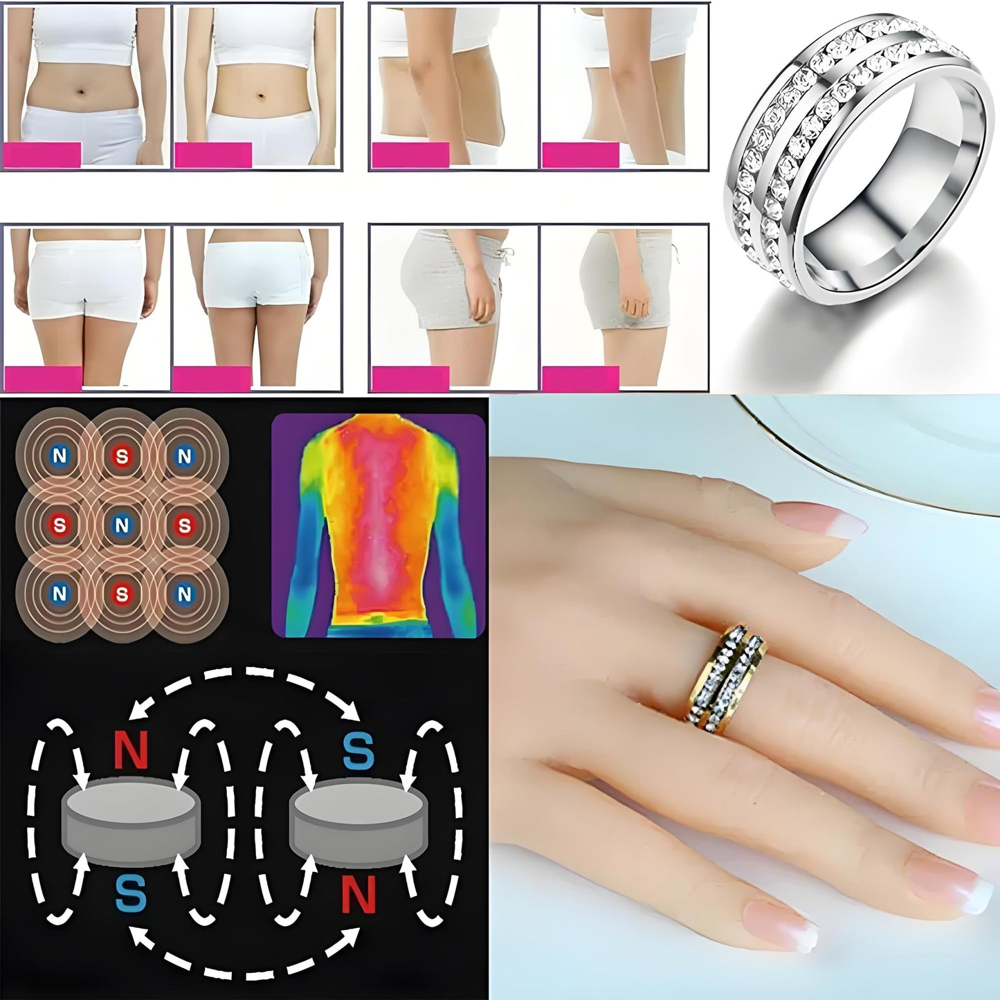 Mengji Life Magtherapy Lymphatic Drainage Titanium Ion Ring, Lymph Nodes Acupuncture Therapy Olux Rhinestones Rings For Women Men Health Calming Jewelry Gifts (G+RG+S+B, 8)