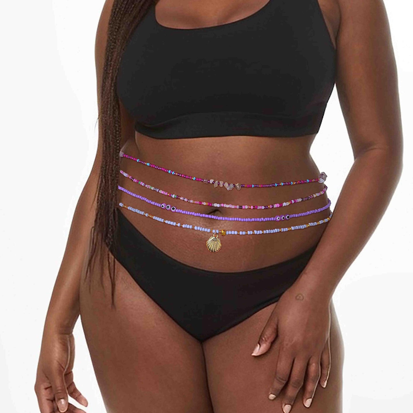 ELABEST 24-39inch African Waist Beads for Women 8Pcs Elastic Belly Beads Colorful Beaded Waist Jewelry Accessories Body Chain (Purple, 39.3inch/100cm)