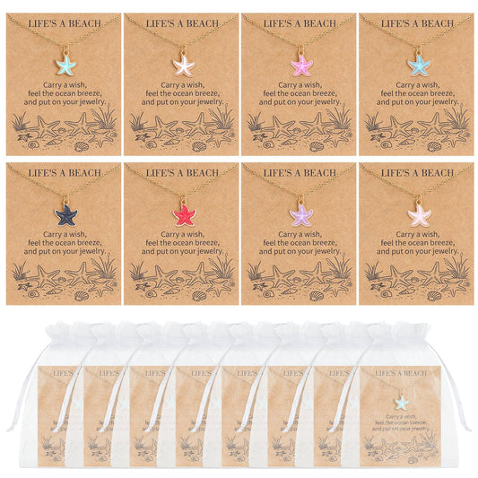 Kingdder 8 Set Starfish Necklace for Women Beach Gold Starfish Necklace with Card Organza Bag Hawaii Ocean Pendant Boho Summer Jewelry Gift Bulk for Birthday Vacation Party Favor
