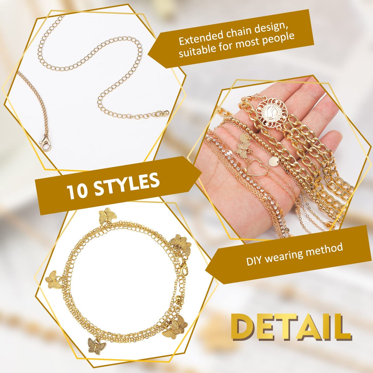 Lenwen 10 Pcs Summer Beach Belly Chain Adjustable Waist Multi Layered Chain Waist Jewelry for Women Girls Multilayer Body(Classic Style,Gold)