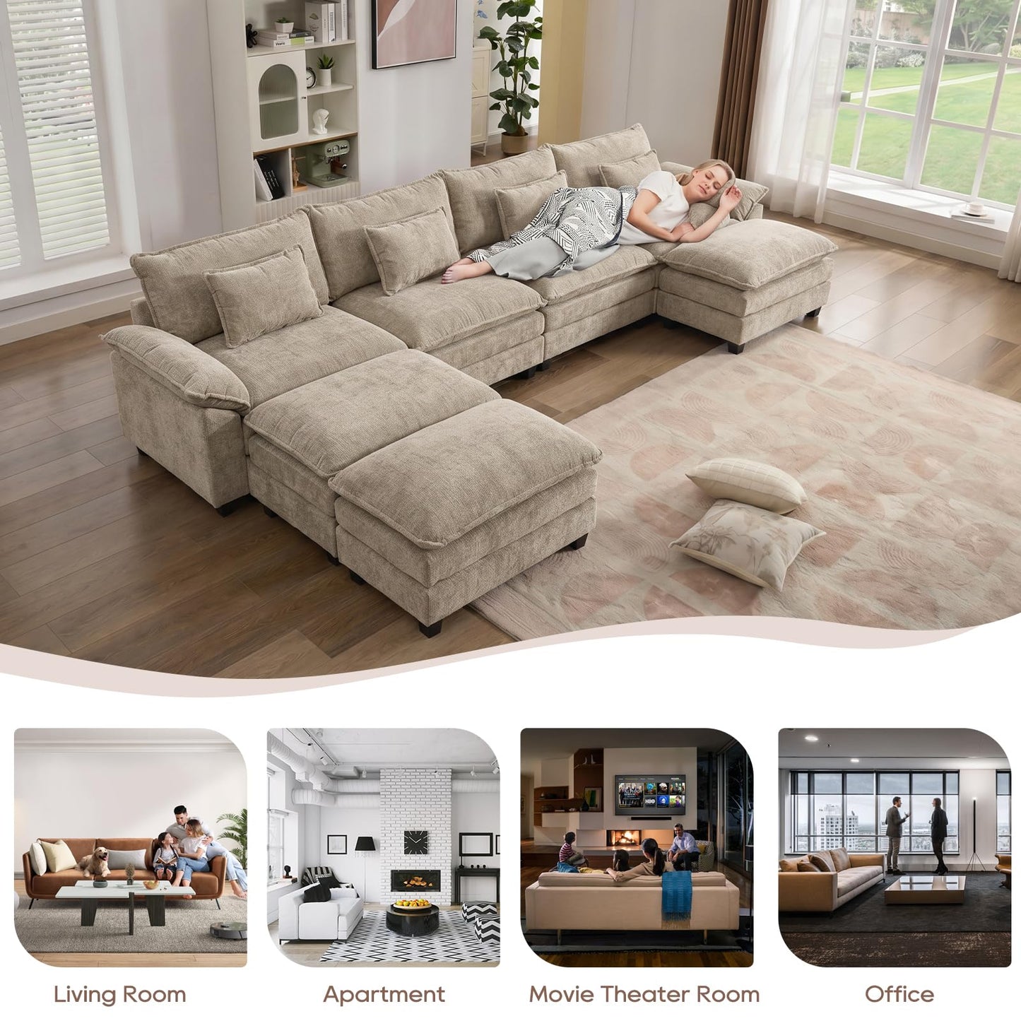 IPKIG 154" Modular Sectional Sofa, Chenille C-Shaped Sectional Couch Comfy Upholstered Seat Sofa with Ottoman, Deep Seat Cloud Couch Sofa for Living Room, Khaki