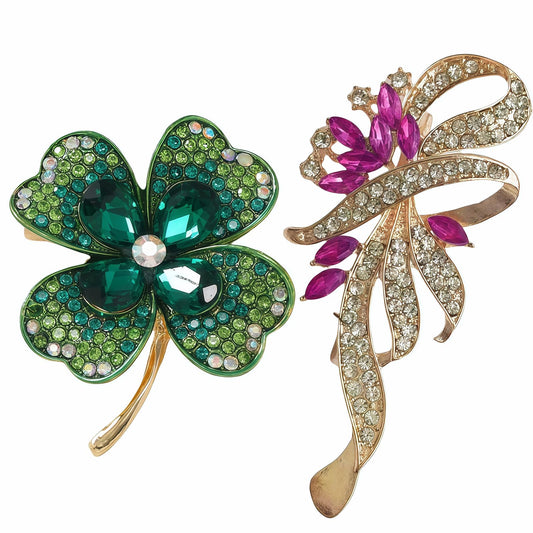 Yaximhozz 2pcs Rhinestone Green Four Leaf Clover Brooch Pin for Women Dress Elegant Stylish Crystal Brooches Fashion Accessories Pins Lapel Boutonniere Ideas Wedding Christmas Birthday Jewelry Easter Gift (06 Green/Gold)