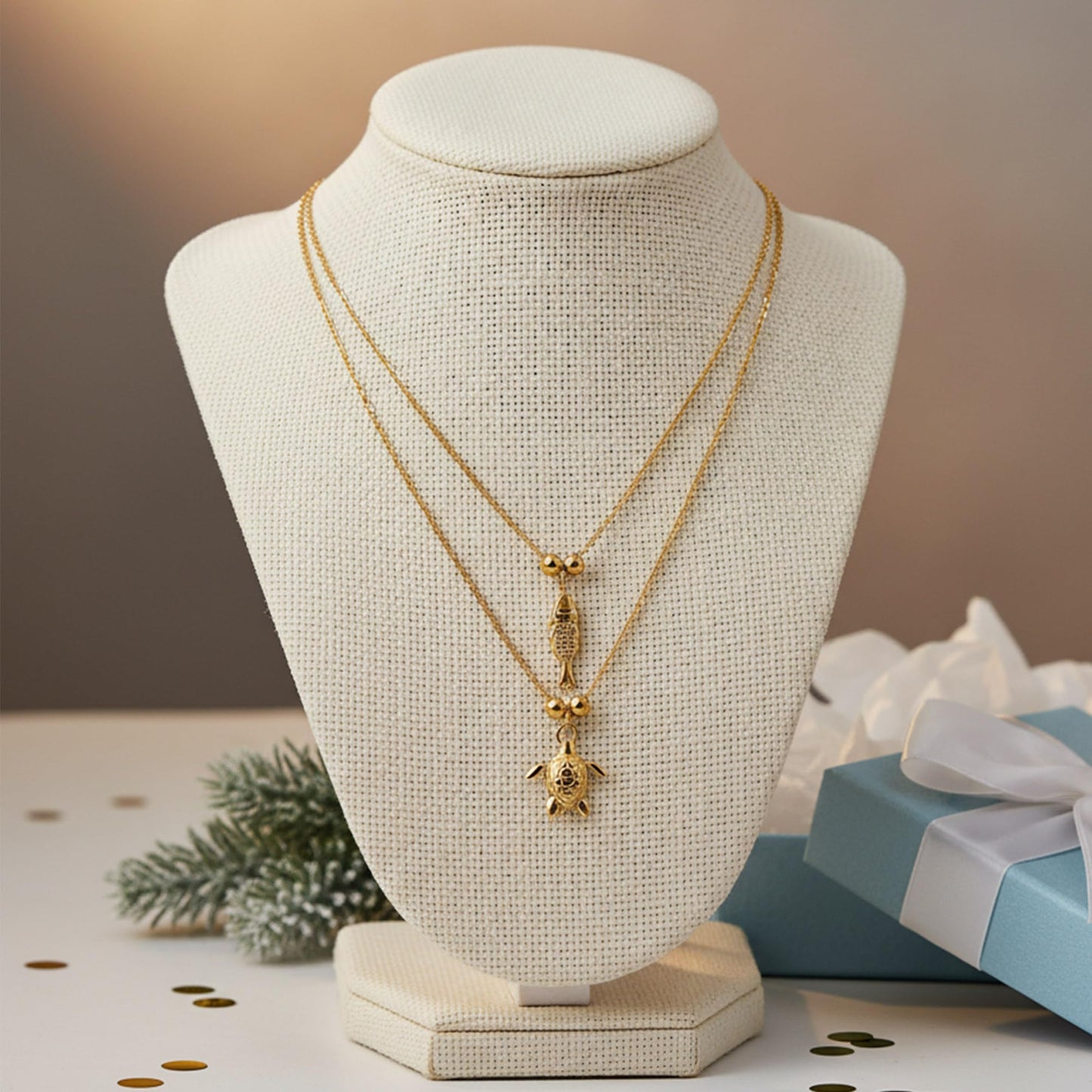 GLUBU Fish Turtle Necklace Set Summer Jewelry for Women Stainless Steel Beach Necklace Ocean Themed Pendant Layered Chain Gift Non Tarnish Summer Necklaces for Sea Lover