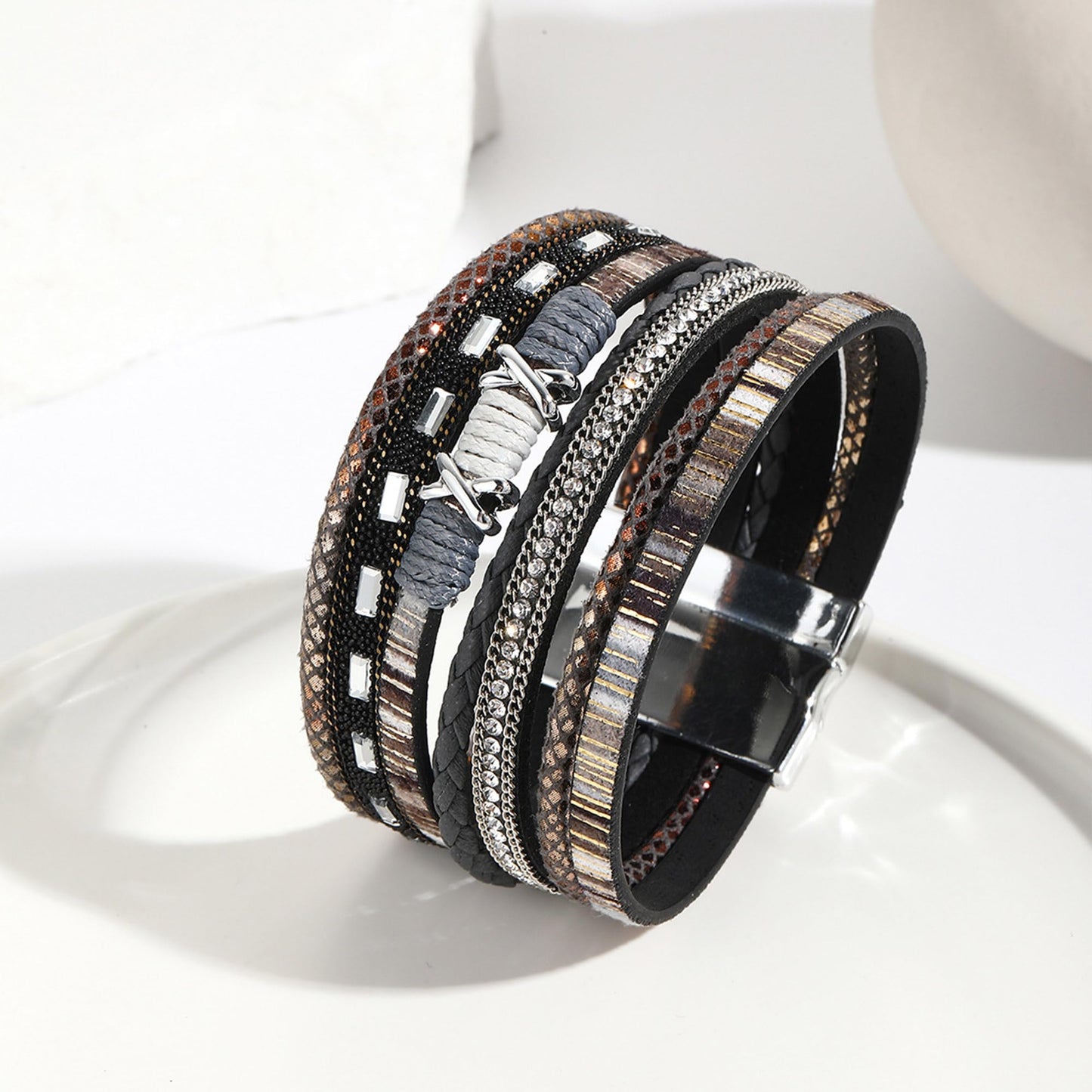 VIBILIA Boho Leather Wrap Bracelets for Women Trendy Layered Multi-Layer Boho Bracelets with Strong Clasp Jewelry for Women-Black