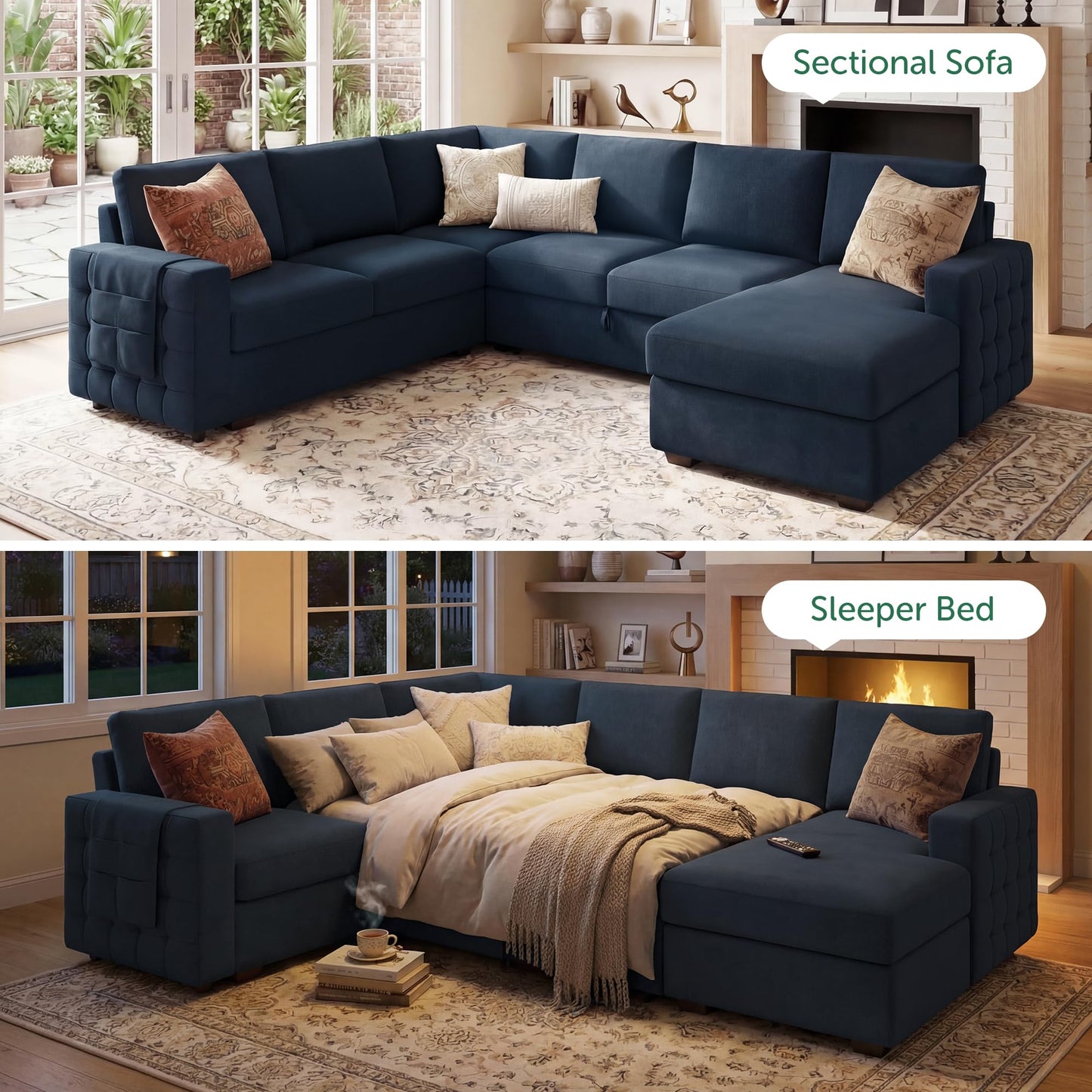 HONBAY Sectional Sleeper Sofa with Pull Out Bed U-Shape Sectional Couch Sleeper Bed with Storage Chaise Lounge Living Room 6 Seater Sectional Sofa,Velvet Dark Blue