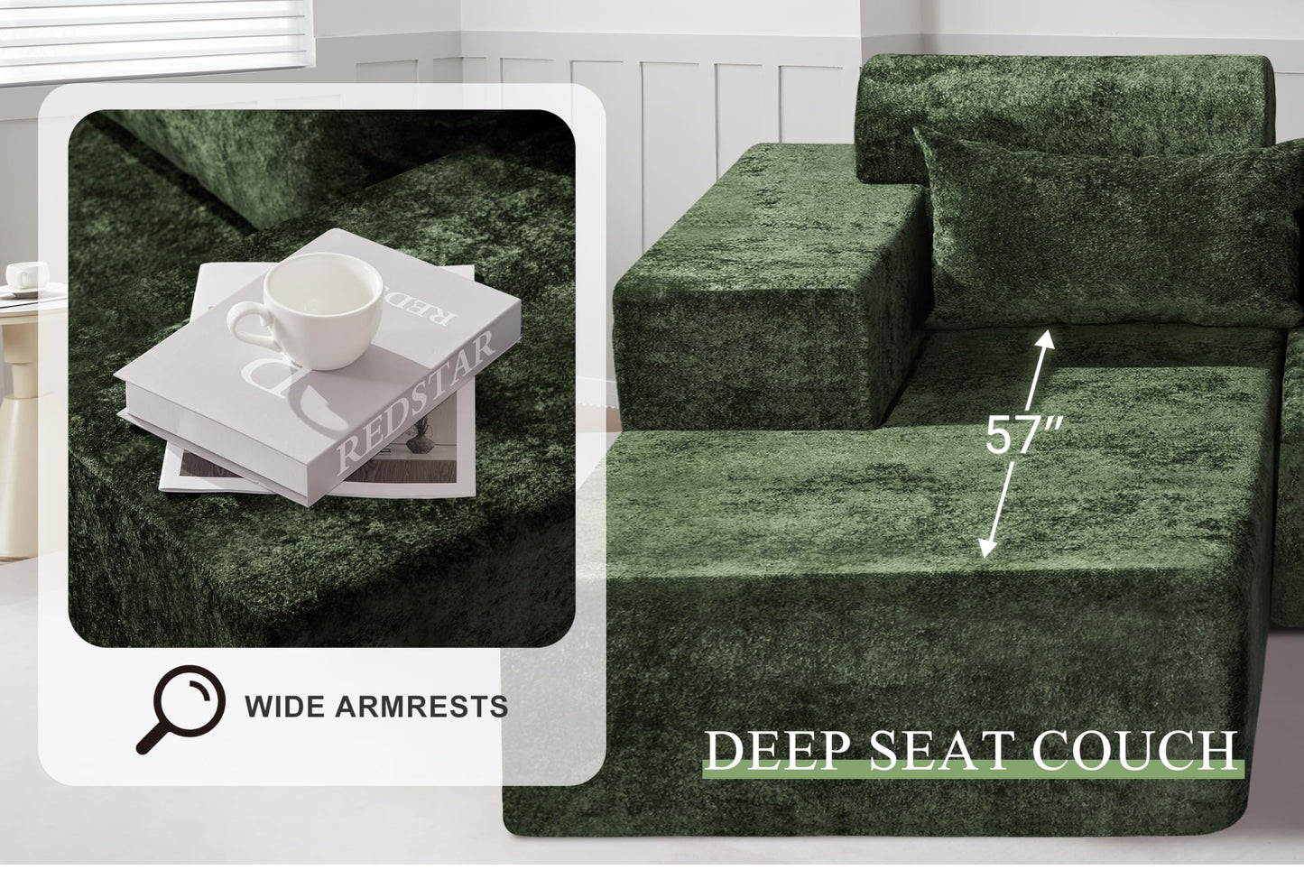 HABUTWAY 105" L-Shape Modular Sectional Sofa Couch for Living Room,No Assembly Required,Modular Comfy Sofa with Deep Seat for Living Room Bedroom,Luxury Distressed Velvet(Left,Green)