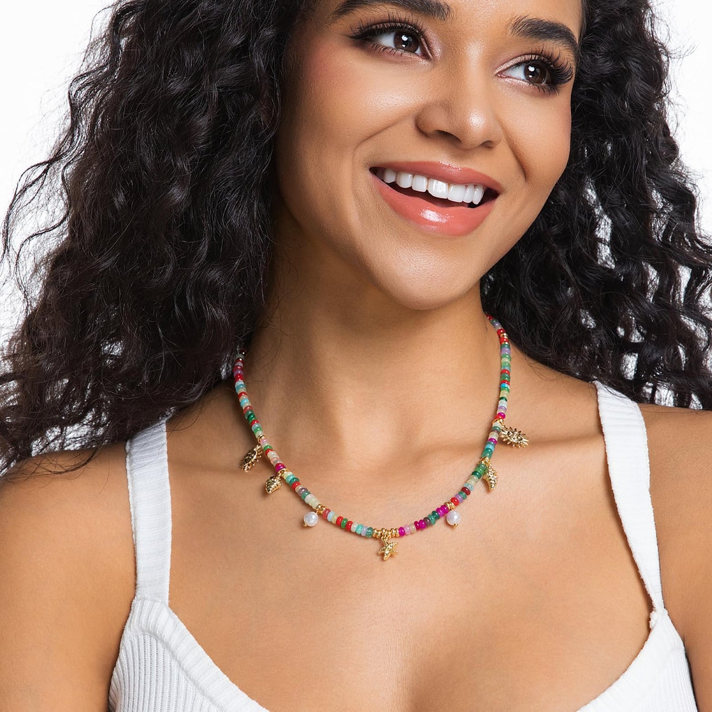 Charm Necklace for Women Colorful Beaded Gemstone Choker 14K Gold Beach Seashell Pearl Pendant Necklace Natural Stone Handmade Jewelry Gift