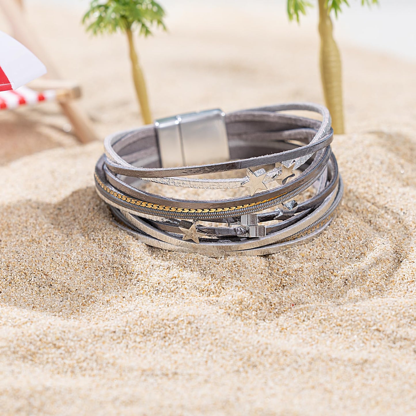 FANCY SHINY Leather Wrap Star Bracelet Boho Bangle Bracelets for Women Trendy Stackable Cute Star Bracelet with Magnetic Clasp(Grey)