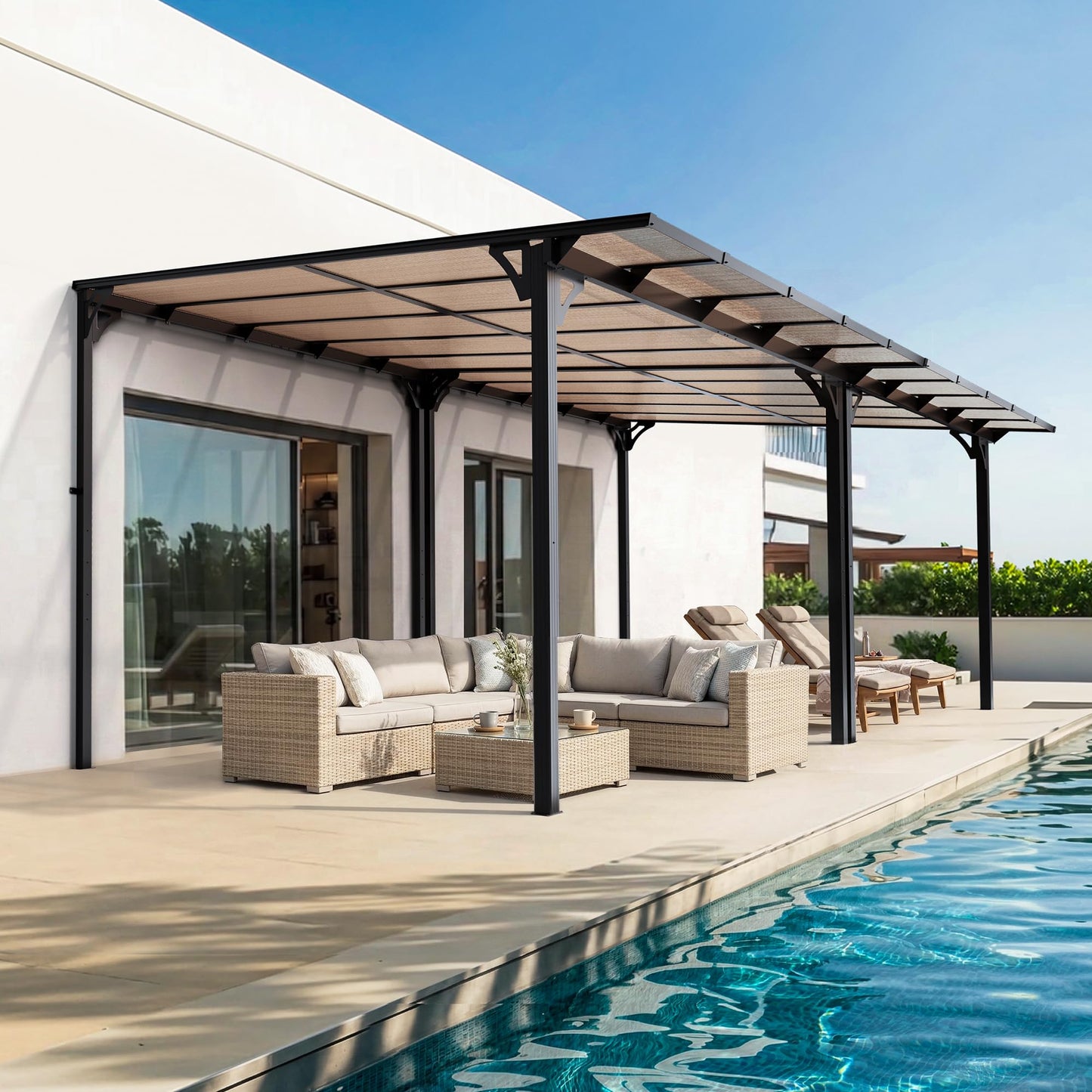 Pamapic 10x20FT Wall Mounted Gazebo, Hardtop Lean to Gazebo with Aluminum Frame & UV Resistant Polycarbonate Roof, Outdoor Patio Awning for Deck, Porch, Lawn & Backyard