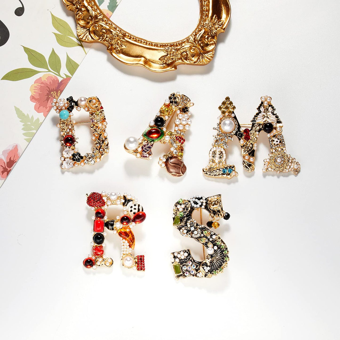 RINHOO Crystal Pearl Initial Brooch Gold Plated Enamel Colorful Letter Alphabet Breastpin Pin Jewelry for GIFTS (Letter -R)